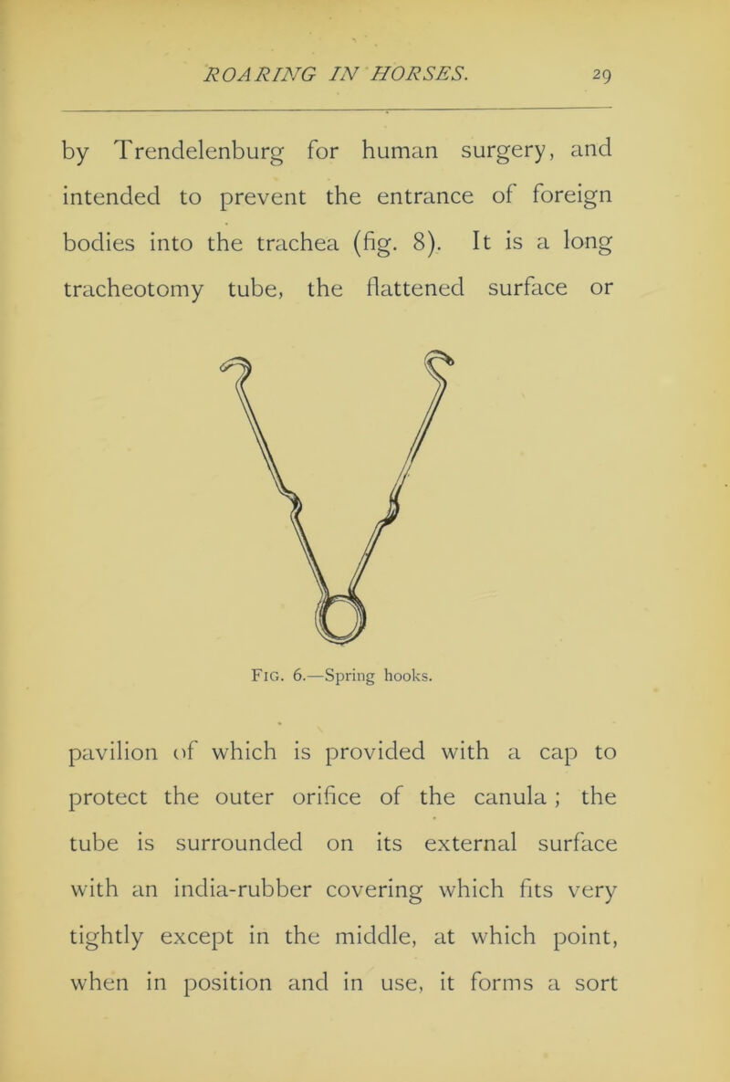 by Trendelenburg for human surgery, and intended to prevent the entrance of foreign bodies into the trachea (fig. 8). It is a long tracheotomy tube, the flattened surface or pavilion of which is provided with a cap to protect the outer orifice of the canula; the tube is surrounded on its external surface with an india-rubber covering which fits very tightly except in the middle, at which point, when in position and in use, it forms a sort