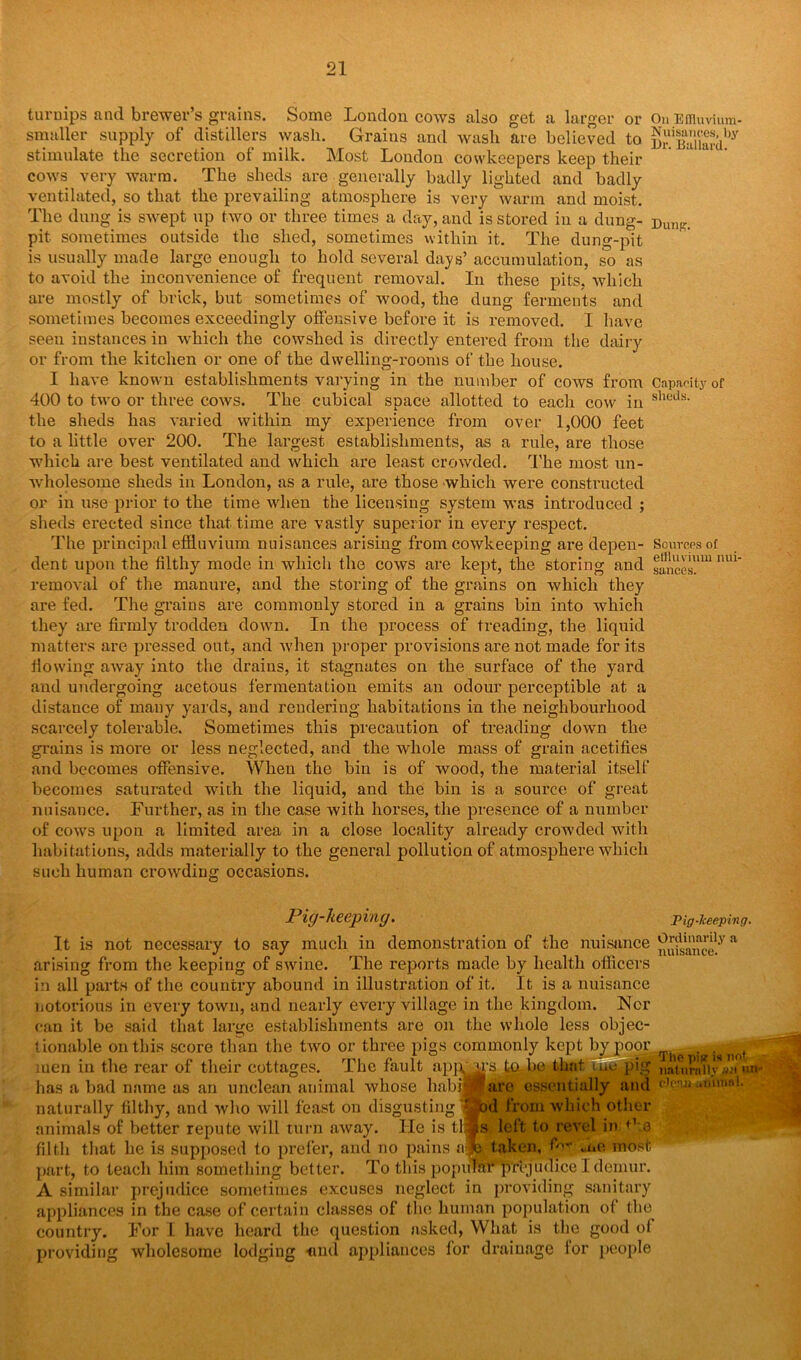 turnips and brewer’s grains. Some London cows also get a larger or On Effluvium- smaller supply of distillers wash. Grains and wash are believed to 2“iBafiby stimulate the secretion of milk. Most London cowkeepers keep their cows very warm. The sheds are generally badly lighted and badly ventilated, so that the prevailing atmosphere is very warm and moist. The dung is swept up two or three times a day, and is stored in a dung- Dun!?> pit sometimes outside the shed, sometimes within it. The dung-pit is usually made large enough to hold several days’ accumulation, so as to avoid the inconvenience of frequent removal. In these pits, which are mostly of brick, but sometimes of wood, the dung ferments and sometimes becomes exceedingly offensive before it is removed. I have seen instances in which the cowshed is directly entered from the dairy or from the kitchen or one of the dwelling-rooms of the house. I have known establishments varying in the number of cows from Capacity of 400 to two or three cows. The cubical space allotted to each cow in sheds- the sheds has varied within my experience from over 1,000 feet to a little over 200. The largest establishments, as a rule, are those which are best ventilated and which are least crowded. The most un- wholesome sheds in London, as a rule, are those which were constructed or in use prior to the time when the licensing system was introduced ; sheds erected since that time are vastly superior in every respect. The principal effluvium nuisances arising from cowkeeping are depen- Sources of dent upon the filthy mode in which the cows are kept, the storing and slices!™11111 removal of the manure, and the storing of the grains on which they are fed. The grains are commonly stored in a grains bin into which they are firmly trodden down. In the process of treading, the liquid matters are pressed out, and when proper provisions are not made for its flowing away into the drains, it stagnates on the surface of the yard and undergoing acetous fermentation emits an odour perceptible at a distance of many yards, and rendering habitations in the neighbourhood scarcely tolerable. Sometimes this precaution of treading clown the grains is more or less neglected, and the whole mass of grain acetifies and becomes offensive. When the bin is of wood, the material itself becomes saturated with the liquid, and the bin is a source of great nuisance. Further, as in the case with horses, the presence of a number of cows upon a limited area in a close locality already crowded with habitations, adds materially to the general pollution of atmosphere which such human crowding occasions. Pig-keeping. Pig-keeping. It is not necessary to say much in demonstration of the nuisance ^fsTnce/a arising from the keeping of swine. The reports made by health officers in all parts of the country abound in illustration of it. It is a nuisance notorious in every town, and nearly every village in the kingdom. Nor can it be said that large establishments are on the whole less objec tionable on this score than the two or three pigs commonly kept b men in the rear of their cottages. The fault apj has a bad name as an unclean animal whose habi, naturally filthy, and who will least on disgusting animals of better repute will turn away. He is t filth that he is supposed to prefer, and no pains a part, to teach him something better. To this popular prejudice I demur. A similar prejudice sometimes excuses neglect in providing sanitary appliances in the case of certain classes of the human population of the country. For I have heard the question asked, What is the good of providing wholesome lodging -and appliances for drainage for people , The pipr is not . naturally an nn- y and -I'inwl. other left to revel in tka $ir me most