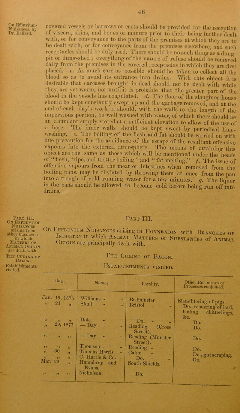 On EfUuviimi- Nuisaneos, by Dr. Ballard. covered vessels or barrows or carts should be provided for the reception of viscera, skins, and bones or manure prior to their being further dealt with, or l or conveyance to the parts of the premises at which they are to be dealt with, or for conveyance from the premises elsewhere, and such receptacles should be duly used. There should be no such thing as a dung- pit, or dung-shed ; everything of the nature of refuse should be removed daily from the premises in the covered receptacles in which they are first placed, c. As much care as possible should be taken to collect all the blood so as to avoid its entrance into drains. With this object it is desirable that carcases brought in dead should not be dealt with while they, are yet warm, nor until it is probable that the greater part of the blood in the vessels has coagulated, d. The floor of the slaughter-house should be kept constantly swept up and the garbage removed, and at the end of each day’s work it should, with the walls to the length of the impervious portion, be well washed with water, of which there should be an abundant supply stored at a sufficient elevation to allow of the use of a hose. The inner walls should be kept sweet by periodical lime- washing. e. The boiling of the flesh and fat should be carried on with due precaution for the avoidance of the escape of the resultant offensive vapours into the external atmosphere. The means of attaining this object are the same as those which will be mentioned under the heads of “ flesh, tripe, and trotter boiling ” and “ fat melting.” /. The issue of offensive vapours from the meat or intestines when removed from the boiling pans, may be obviated by throwing them at once from the pan into a trough of cold running water for a few minutes, g. The liquor in the pans should be allowed to become cold before being run off into drains. Part III. Ox Effluvium Nuisances arising from other businesses in which Matters of Animal Origin are dealt with. The Curing of Bacon. Establishments visited. Part III. On Effluvium Nuisances arising in Connexion with Branches of Industry in which Animal Matters or Substances of Animal Origin are principally dealt with. The Curing of Bacon. Establishments visited. Date. Names. Locality. Jan. 19, 1876 Williams - Bedminster ” 2 ^ 33 Skull Bristol ” 33 33 Dole Do. 33 29, 1«77 — Day - Beading (Cross Street). ” 33 33 — Day - Beading (Munster Street). 33 33 33 Thomson - Beading - 33 30 „ Thomas Harris Caine C. Harris & Co. - Do. - Mar. 22 „ Humphrey and Evans. South Shields. » 99 „ Nicholson. Do. Other Businesses or Processes conjoined. Slaughtering of pigs. Do., rendering of lard, boiling chitterlings, & c. Do. Do. Do. Do. Do., gut scraping. Do.