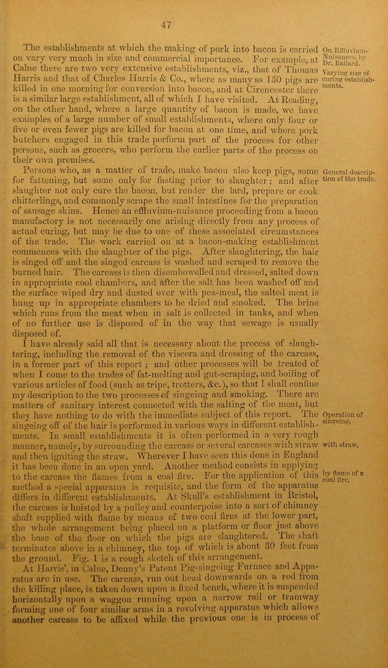 The establishments at which the making of pork into bacon is carried on vary very much in size and commercial importance. For example, at Caine there are ttvo very extensive establishments, viz., that of Thomas Harris and that of Charles Harris & Co., where as many as 150 pigs are killed in one morning for conversion into bacon, and at Cirencester there is a similar large establishment, all of which I have visited. At Reading, on the other hand, where a large quantity of bacon is made, we have examples of a large number of small establishments, where only four or five or even fewer pigs are killed for bacon at one time, and where pork butchers engaged in this trade perform part of the process for other persons, such as grocers, who perform the earlier parts of the process on their own premises. Persons who, as a matter of trade, make bacon also keep pigs, some for fattening, but some only for fasting prior to slaughter; and after slaughter not only cure the bacon, but render the lard, prepare or cook chitterlings, and commonly scrape the small intestines for the preparation of sausage skins. Hence an effluvium-nuisance proceeding from a bacon manufactory is not necessarily one arising directly from any process of actual curing, but may be due to one of these associated circumstances of the trade. The work carried on at a bacon-making establishment commences with the slaughter of the pigs. After slaughtering, the hair is singed off and the singed carcass is washed and scraped to remove the burned hair. The carcass is then disembowelled and dressed, salted down in appropriate cool chambers, and after the salt has been washed off and the surface wiped dry and dusted over with pea-meal, the salted meat is hung up in appropriate chambers to be dried and smoked. The brine which runs from the meat when in salt is collected in tanks, and when of no further use is disposed of in the way that sewage is usually disposed of. I have already said all that is necessary about the process of slaugh- tering, including the removal of the viscera and dressing of the carcass, in a former part of this report ; and other processes will be treated of when I come to the trades of fat-melting and gut-scraping, and boiling of various articles of food (such as tripe, trotters, &c.), so that I shall confine my description to the two processes of singeing and smoking. There are matters of sanitary interest connected with the salting of the meat, but they have nothing to do with the immediate subject of this report. The singeing off of the hair is performed in various ways in different establish- ments. In small establishments it is often performed in a very rough manner, namely, by surrounding the carcass or several carcases with straw and then igniting the straw. Wherever I have seen this done in England it has been done in an open yard. Another method consists in applying to the carcass the flames from a coal fire. For the application of this method a special apparatus is requisite, and the form of the apparatus differs in different establishments. At Skull’s establishment in Bristol, the carcass is hoisted by a pulley and counterpoise into a sort of chimney shaft supplied with flame by means of two coal fires at the lower part, the whole arrangement being placed on a platform or floor just above the base of the floor on which the pigs are slaughtered. The shaft terminates above in a chimney, the top of which is about 30 feet from the ground. Fig. 1 is a rough sketch of this arrangement. At Harris’, in Caine, Denny’s Patent Pig-singeing Furnace and Appa- ratus are in use. The carcass, run out head downwards on a rod from the killing place, is taken down upon a fixed bench, where it is suspended horizontally upon a waggon running upon a narrow rail or tramway forming one of four similar arms in a revolving apparatus which allows, another carcass to be affixed while the previous one is in process ol On 'Effluvium- Nuisances, by Dr. Ballard. Varying size of curing establish- ments. General descrip- tion of the trade. Operation of singeing, with straw, by flame of a coal lire.