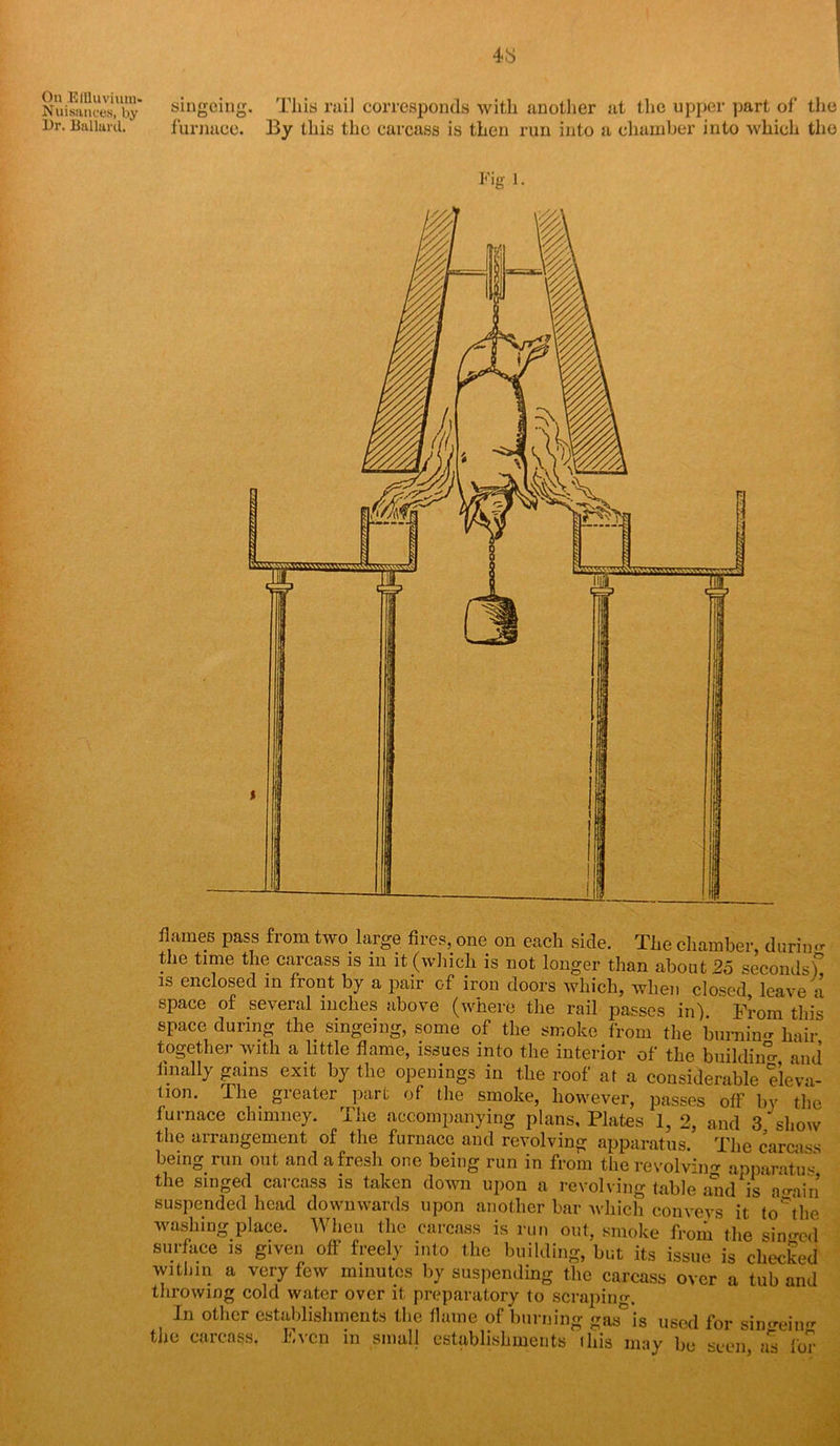 4S On EiQuviuin- Nuisances, by Dr. Ballard. singeing. This rail corresponds with another at the upper part of the furnace. By this the carcass is then run into a chamber into which the Fig 1. p f 1 ■ 1 1 1 I flames pass from two. large fires, one on each side. The chamber, durin - the time the carcass is in it (which is not longer than about 25 secondsf is enclosed in front by a pair of iron doors which, when closed leave a space of several inches above (where the rail passes in). From this space during the singeing, some of the smoke from the burning hair together with a little flame, issues into the interior of the buildin° and finally gains exit by the openings in the roof at a considerable dera- tion. I he. gi eater part of the smoke, however, passes off by the furnace chimney. The accompanying plans. Plates 1, 2, and 3^show the arrangement of the furnace and revolving apparatus. The carcass being run out and afresh one being run in from the revolving apparatus the singed carcass is taken down upon a revolving table and is amain suspended head downwards upon another bar which conveys it to'the washing place. When the carcass is run out, smoke from the singed surface is given off freely into the building, but its issue is checked within a very few minutes by suspending the carcass over a tub and throwing cold water over it preparatory to seraphim In other establishments the flame of burning gas°’is used for siimeiim the carcass. Even in small establishments iliis may be seen as for