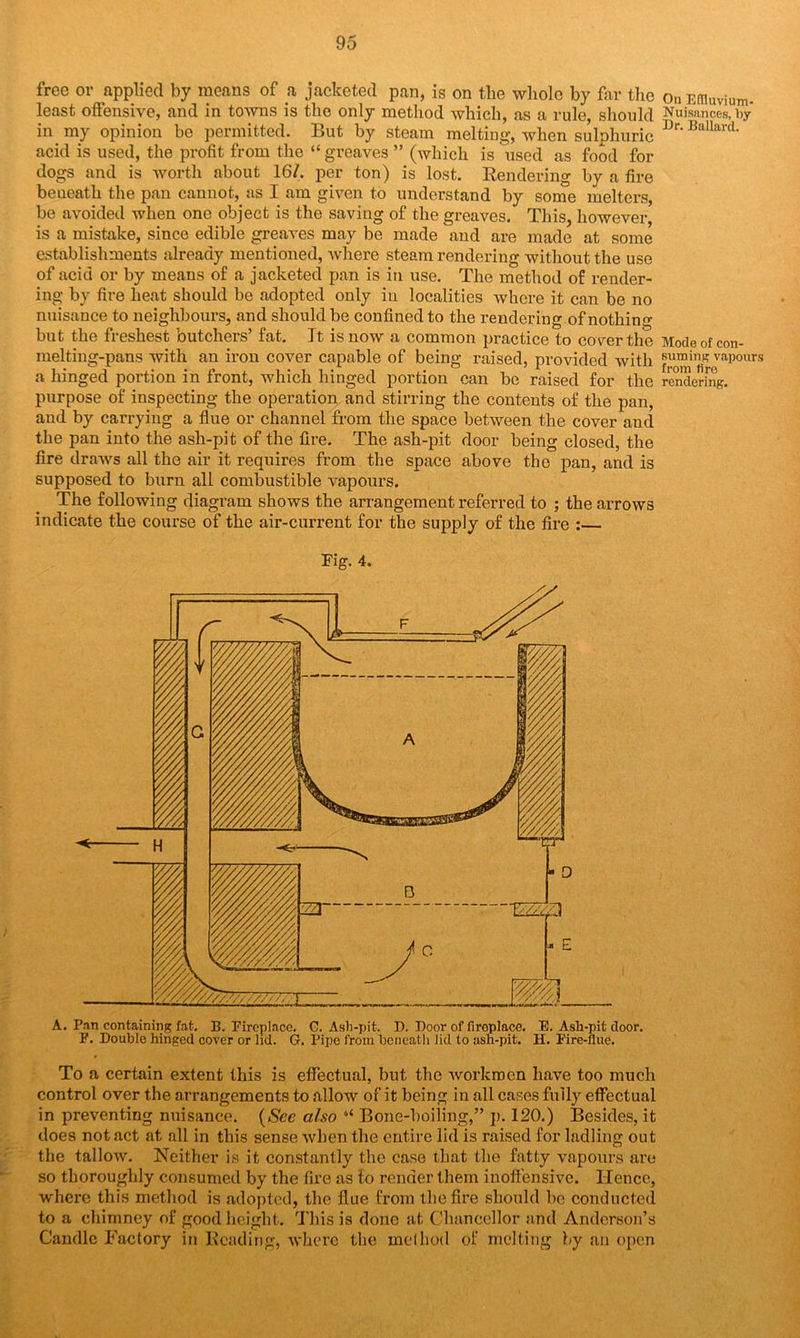 free or applied by means of a jacketed pan, is on the whole by far the least offensive, and in towns is the only method which, as a rule, should in my opinion be permitted. But by steam melting, when sulphuric acid is used, the profit from the “ greaves ” (which is used as food for dogs and is worth about 16/. per ton) is lost. Rendering by a fire beneath the pan cannot, as I am given to understand by some melters, be avoided when one object is the saving of the greaves. This, however, is a mistake, since edible greaves may be made and are made at some establishments already mentioned, where steam rendering without the use of acid or by means of a jacketed pan is in use. The method of render- ing by fire heat should be adopted only in localities where it can be no nuisance to neighbours, and should be confined to the rendering ofnothin- but the freshest butchers’ fat. It is now a common practice to cover the melting-pans with an iron cover capable of being raised, provided with a hinged portion in front, which hinged portion can be raised for the purpose of inspecting the operation and stirring the contents of the pan, aud by carrying a flue or channel from the space between the cover and the pan into the ash-pit of the fire. The ash-pit door being closed, the fire draws all the air it requires from the space above the pan, and is supposed to burn all combustible vapours. The following diagram shows the arrangement referred to ; the arrows indicate the course of the air-current for the supply of the fire : Fig. 4. To a certain extent this is effectual, but the workmen have too much control over the arrangements to allow of it being in all cases fully effectual in preventing nuisance. (See also 4< Bone-boiling,” p. 120.) Besides, it does not act at all in this sense when the entire lid is raised for ladling out the talloAv. Neither is it constantly the case that the fatty vapours are so thoroughly consumed by the lire as to render them inoffensive. Hence, where this method is adopted, the flue from the fire should be conducted to a chimney of good height. This is done at Chancellor and Anderson’s Candle Factory in Reading, where the method of melting by an open On Effluvium- Nuisances, by Dr. Ballard. Mode of con- suming vapours from fire rendering.