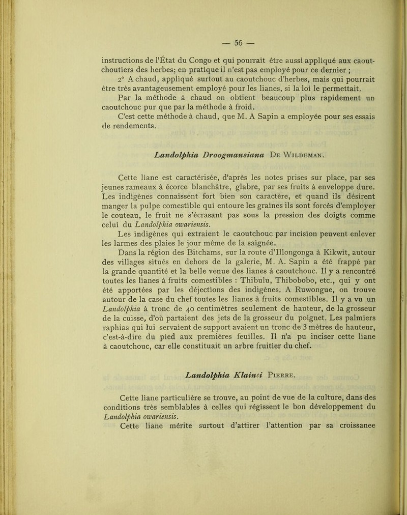 instructions de l’État du Congo et qui pourrait être aussi appliqué aux caout- choutiers des herbes; en pratique il n’est pas employé pour ce dernier ; 2° A chaud, appliqué surtout au caoutchouc d’herbes, mais qui pourrait être très avantageusement employé pour les lianes, si la loi le permettait. Par la méthode à chaud on obtient beaucoup plus rapidement un caoutchouc pur que par la méthode à froid. C’est cette méthode à chaud, que M. A Sapin a employée pour ses essais de rendements. Landolphia Droogmansiana De Wildeman. Cette liane est caractérisée, d’après les notes prises sur place, par ses jeunes rameaux à écorce blanchâtre, glabre, par ses fruits à enveloppe dure. Les indigènes connaissent fort bien son caractère, et quand ils désirent manger la pulpe comestible qui entoure les graines ils sont forcés d’employer le couteau, le fruit ne s’écrasant pas sous la pression des doigts comme celui du Landolphia owariensis. Les indigènes qui extraient le caoutchouc par incision peuvent enlever les larmes des plaies le jour même de la saignée. Dans la région des Bitchams, sur la route d’Illongonga à Kikwit, autour des villages situés en dehors de la galerie, M. A. Sapin a été frappé par la grande quantité et la belle venue des lianes à caoutchouc. Il y a rencontré toutes les lianes à fruits comestibles : Thibulu, Thibobobo, etc., qui y ont été apportées par les déjections des indigènes. A Ruwongue, on trouve autour de la case du chef toutes les lianes à fruits comestibles. Il y a vu un Landolphia à tronc de 40 centimètres seulement de hauteur, de la grosseur de la cuisse, d’où partaient des jets de la grosseur du poignet. Les palmiers raphias qui lui servaient de support avaient un tronc de 3 mètres de hauteur, c’est-à-dire du pied aux premières feuilles. Il n’a pu inciser cette liane à caoutchouc, car elle constituait un arbre fruitier du chef. Landolphia Klainei Pierre. Cette liane particulière se trouve, au point de vue de la culture, dans des conditions très semblables à celles qui régissent le bon développement du Landolphia owariensis. Cette liane mérite surtout d’attirer l’attention par sa croissanee