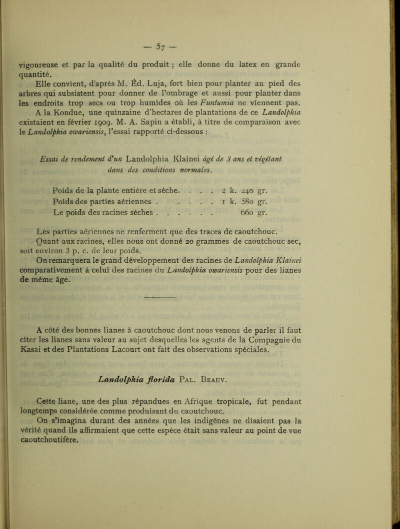 vigoureuse et par la qualité du produit ; elle donne du latex en grande quantité. Elle convient, d’après M. Éd. Luja, fort bien pour planter au pied des arbres qui subsistent pour donner de l’ombrage et aussi pour planter dans les endroits trop secs ou trop humides où les Funtumia ne viennent pas. A la Kondue, une quinzaine d’hectares de plantations de ce Landolphta existaient en février 1909. M. A. Sapin a établi, à titre de comparaison avec le Landolphta owariensis^ l’essai rapporté ci-dessous ; Essai de rendement d'un Landolphia Klainei âgé de 3 ans et végétant dans des conditions normales. Poids de la plante entière et sèche. . . 2 k. 240 gr. Poids des parties aériennes . . . , . . I k. 58o gr. Le poids des racines sèches .... . . 660 gr. Les parties aériennes ne renferment que des traces de caoutchouc. Quant aux racines, elles nous ont donné 20 grammes de caoutchouc sec, soit environ 3 p. c. de leur poids. On remarquera le grand développement des racines de Landolphia Klainei comparativement à celui des racines du Landolphia owariensis pour des lianes de même âge. A côté des bonnes lianes à caoutchouc dont nous venons de parler il faut citer les lianes sans valeur au sujet desquelles les agents de la Compagnie du Kasai et des Plantations Lacourt ont fait des observations spéciales. Landolphia florida Pal. Beauv. Cette liane, une des plus répandues en Afrique tropicale, fut pendant longtemps considérée comme produisant du caoutchouc. On s’imagina durant des années que les indigènes ne disaient pas la vérité quand ils affirmaient que cette espèce était sans valeur au point de vue caoutchoutifère.