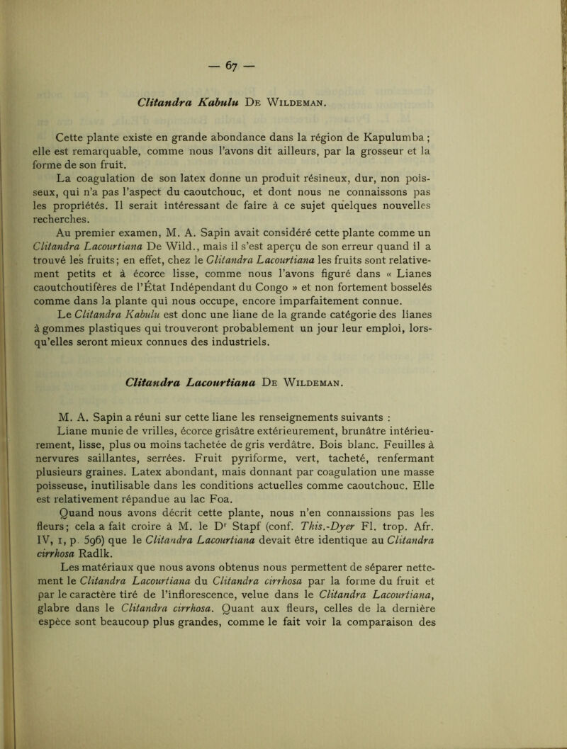 Clitandra Kàbulu De Wildeman. Cette plante existe en grande abondance dans la région de Kapulumba ; elle est remarquable, comme nous l’avons dit ailleurs, par la grosseur et la forme de son fruit. La coagulation de son latex donne un produit résineux, dur, non pois- seux, qui n’a pas l’aspect du caoutchouc, et dont nous ne connaissons pas les propriétés. Il serait intéressant de faire à ce sujet quelques nouvelles recherches. Au premier examen, M. A. Sapin avait considéré cette plante comme un Clitandra Lacourtiana De Wild., mais il s’est aperçu de son erreur quand il a trouvé les fruits; en effet, chez le Clitandra Lacourtiana les fruits sont relative- ment petits et à écorce lisse, comme nous l’avons figuré dans « Lianes caoutchoutifères de l’État Indépendant du Congo » et non fortement bosselés comme dans la plante qui nous occupe, encore imparfaitement connue. Le Clitandra Kabulu est donc une liane de la grande catégorie des lianes à gommes plastiques qui trouveront probablement un jour leur emploi, lors- qu’elles seront mieux connues des industriels. Clitandra Lacourtiana De Wildeman. M. A. Sapin a réuni sur cette liane les renseignements suivants : Liane munie de vrilles, écorce grisâtre extérieurement, brunâtre intérieu- rement, lisse, plus ou moins tachetée de gris verdâtre. Bois blanc. Feuilles à nervures saillantes, serrées. Fruit pyriforme, vert, tacheté, renfermant plusieurs graines. Latex abondant, mais donnant par coagulation une masse poisseuse, inutilisable dans les conditions actuelles comme caoutchouc. Elle est relativement répandue au lac Foa. Quand nous avons décrit cette plante, nous n’en connaissions pas les fleurs; cela a fait croire à M. le D Stapf (conf. This.-Djer Fl. trop. Afr. IV, I, p. 596) que le Clitandra Lacourtiana devait être identique au Clitandra cirrhosa Radlk. Les matériaux que nous avons obtenus nous permettent de séparer nette- ment le Clitandra Lacourtiana du Clitandra cirrhosa par la forme du fruit et par le caractère tiré de l’inflorescence, velue dans le Clitandra Lacourtiana^ glabre dans le Clitandra cirrhosa. Quant aux fleurs, celles de la dernière espèce sont beaucoup plus grandes, comme le fait voir la comparaison des