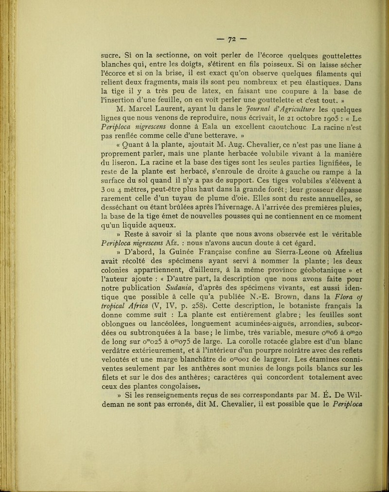sucre. Si on la sectionne, on voit perler de l’écorce quelques gouttelettes blanches qui, entre les doigts, s’étirent en fils poisseux. Si on laisse sécher l’écorce et si on la brise, il est exact qu’on observe quelques filaments qui relient deux fragments, mais ils sont peu nombreux et peu élastiques. Dans la tige il y a très peu de latex, en faisant une coupure à la base de l’insertion d’une feuille, on en voit perler une gouttelette et c’est tout. » M. Marcel Laurent, ayant lu dans le Journal à'Agriculture les quelques lignes que nous venons de reproduire, nous écrivait, le 21 octobre igo5 : « Le Periploca nigrescens donne à Eala un excellent caoutchouc La racine n’est pas renflée comme celle d’une betterave. » (c Quant à la plante, ajoutait M. Aug. Chevalier, ce n’est pas une liane à proprement parler, mais une plante herbacée volubile vivant à la manière du liseron. La racine et la base des tiges sont les seules parties lignifiées, le reste de la plante est herbacé, s’enroule de droite à gauche ou rampe à la surface du sol quand il n’y a pas de support. Ces tiges volubiles s’élèvent à 3 ou 4 mètres, peut-être plus haut dans la grande forêt ; leur grosseur dépasse rarement celle d’un tuyau de plume d’oie. Elles sont du reste annuelles, se desséchant ou étant brûlées après l’hivernage. A l’arrivée des premières pluies, la base de la tige émet de nouvelles pousses qui ne contiennent en ce moment qu’un liquide aqueux. » Reste à savoir si la plante que nous avons observée est le véritable Periploca nigrescens Afz. ; nous n’avons aucun doute à cet égard. » D’abord, la Guinée Française confine au Sierra-Leone où Afzelius avait récolté des spécimens ayant servi à nommer la plante; les deux colonies appartiennent, d’ailleurs, à la même province géobotanique » et l’auteur ajoute : « D’autre part, la description que nous avons faite pour notre publication Sudania, d’après des spécimens vivants, est aussi iden- tique que possible à celle qu’a publiée N.-E. Brown, dans la Flora oj tropical Africa (V, IV, p. 258). Cette description, le botaniste français la donne comme suit : La plante est entièrement glabre ; les feuilles sont oblongues ou lancéolées, longuement acuminées-aiguës, arrondies, subcor- dées ou subtronquées à la base ; le limbe, très variable, mesure o’o6 à o'2o de long sur o“o25 à o^o75 de large. La corolle rotacée glabre est d’un blanc verdâtre extérieurement, et à l’intérieur d’un pourpre noirâtre avec des reflets veloutés et une marge blanchâtre de o'”ooi de largeur. Les étamines conni- ventes seulement par les anthères sont munies de longs poils blancs sur les filets et sur le dos des anthères; caractères qui concordent totalement avec ceux des plantes congolaises. » Si les renseignements reçus de ses correspondants par M. É. De Wil- deman ne sont pas erronés, dit M. Chevalier, il est possible que le Periploca