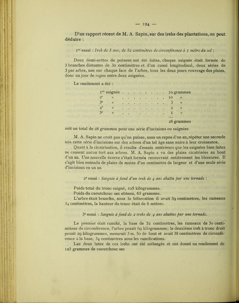 D’un rapport récent de M. A. Sapin, sur des irehs des plantations, on peut déduire : essai : Ireh de 5 ans, de 52 centimètres de circonférence à i mètre du sol : Deux demi-arêtes de poisson ont été faites, chaque saignée était formée de 3 branches distantes de 3o centimètres et d’un canal longitudinal, deux séries de 3 par arbre, une sur chaque face de l’arbre, tous les deux jours rouvrage des plaies, donc un jour de repos entre deux saignées. Le rendement a été : saignée lo grammes 2® » lo » 3® » 5 ). 4® » 2 )) 5® » . . I » 28 grammes soit un total de 28 grammes pour une série d’incisions ou saignées M. A. Sapin ne croit pas qu’on puisse, sans un repos d’un an,répéter une seconde lois cette série d’incisions sur des arbres d’un tel âge sans nuire à leur croissance. Quant à la cicatrisation, il résulte d’essais antérieurs que les saignées bien faites ne causent aucun tort aux arbres, M. A. Sapin a vu des plaies cicatrisées au bout d’un an. Une nouvelle écorce s’était formée recouvrant entièrement les blessures. Il s’agit bien entendu de plaies de moins d’un centimètre de largeur et d’une seule série d’incisions en un an 2® essai : Saignée à fond d’un ireh de 4 ans abattu par une tornade : Poids total du tronc saigné, io5 kilogrammes. Poids du caoutchouc sec obtenu, 65 grammes. L’arbre était branchu, sous la bifurcation il avait 5g centimètres, les rameaux 34 centimètres, la hauteur du tronc était de 6 mètres, 3® essai : Saignée à fond de 2 irehs de 4 ans abattus par une tornade. Le premier était ramifié, la base de 52 centimètres, les rameaux de 3o centi- mètres de circonférence, l’arbre pesait 69 kilogrammes; le deuxième ireh à tronc droit pesait 29 kilogrammes, mesurait 3 m. 5o de haut et avait 38 centimètres de circonfé- rence à la base, 84 centimètres sous les ramifications. Les deux latex de ces irehs ont été mélangés et ont donné un rendement de 125 grammes de caoutchouc sec