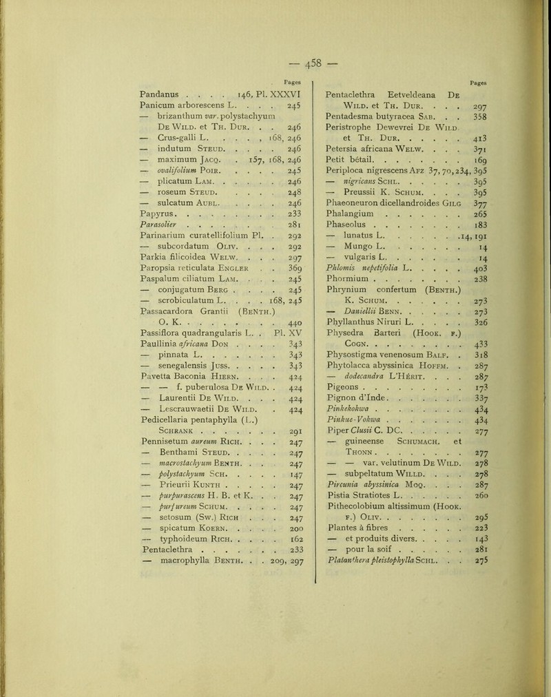 Pages Pages Pandanus .... 146, PI. XXXVI Panicum arborescens L. . . . 245 — brizanthum war. polystachyum De WiLD. et Th. Dur. . . 246 — Crus-galli L. . . . , 168, 246 — indutum Steud 246 — maximum Jacq. . iSy, 168, 246 — ovalifolium Poir 245 — plicatum Lam 246 — roseum Steud. .... 248 — sulcatum Aubl 246 Papyrus 233 Parasolier 281 Parinarium curâtellifolium PI. . 292 — subcordatum Oliv. . . . 292 Parkia filicoidea Welw. ... 297 Paropsia reticulata Engler . . 36g Paspalum ciliatum Lam. . . . 245 — conjugatum Berg .... 245 — scrobiculatum L. . . . 168, 245 Passacardora Grantii (BeNth.) O. K 440 Passiflora quadrangularis L. . PI. XV Paullinia africana Don .... 343 — pinnata L 343 — senegalensis Juss 343 Pavetta Baconia Hiern. . . . 424 — — f. puberulosa De Wild. . 424 — Laurentii De Wild. . . . 424 — Lescrauwaetii De Wild. . 424 Pedicellaria pentaphylla (L.) ScHRANK 291 Pennisetum aureuni Rich. . . . 247 — Benthami Steud 247 — macrostachymn Benth. . . 247 — polystachyum Sch 147 — Prieurii Kunth 247 — purpurascens H. B. et K. . . 247 — purjureum Schum 247 — setosum (Sw.) Rich . . . 247 — spicatum Koern 200 — typhoideum Rich 162 Pentaclethra 233 — macrophylla Benth. . . 209, 297 Pentaclethra Eetveldeana De Wild. et Th. Dur. . . . 297 Pentadesma butyracea Sab. . . 358 Peristrophe Dewevrei De Wh.d et Th. Dur 413 Petersia africana Welw. ... 3yi Petit bétail 169 Periploca nigrescens Afz 37,70,234,396 — nigricans Schl 3g5 — Preussii K. Schum. . . . 3g5 Phaeoneuron dicellandroides Gilg 377 Phalangium 266 Phaseolus i83 — lunatus L 14, igi — Mungo L 14 — vulgaris L . 14 Phlomis nepetifolia L 403 Phormium 238 Phrynium confertum (Benth.) K. Schum 276 — Daniellii Benn 273 Phyllanthus Niruri L 326 Physedra Barteri (Hook. f.) CoGN 433 Physostigma venenosum Balf. . 3:8 Phytolacca abyssinica Hoffm. . 287 — dodecandra L’Hérit. . . . 287 Pigeons 17? Pignon d’Inde 337 Pinkekokwa 434 Pinkue-Vokwa 434 Piper C/msm G. DC 277 — guineense Schumach. et Thonn 277 — — var. velutinum De Wild. 278 — subpeltatum Willd. . . . 278 Pircunia abyssinica Moq. . . . 287 Pistia Stratiotes L 260 Pithecolobium altissimum (Hook. F.) Oliv 2g5 Plantes à fibres 223 — et produits divers 143 — pour la soif 281 Plaianthera pleistophyllaScwL. . . 276