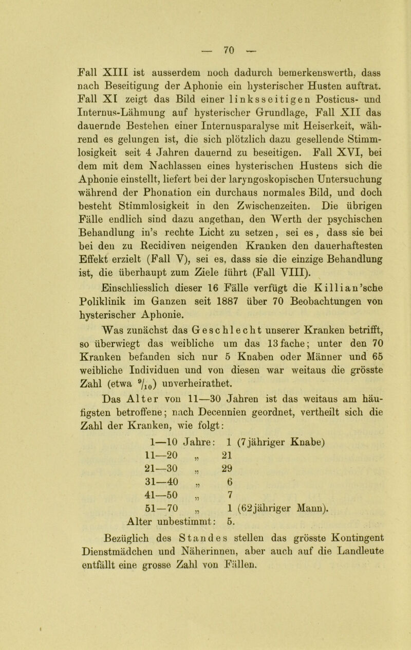 Fall XIII ist ausserdem noch dadurch bemerkenswerth, dass nach Beseitigung der Aphonie ein hysterischer Husten auftrat. Fall XI zeigt das Bild einer linksseitigen Posticus- und Internus-Lähmung auf hysterischer Grundlage, Fall XII das dauernde Bestehen einer Internusparalyse mit Heiserkeit, wäh- rend es gelungen ist, die sich plötzlich dazu gesellende Stimm- losigkeit seit 4 Jahren dauernd zu beseitigen. Fall XVI, bei dem mit dem Nachlassen eines hysterischen Hustens sich die Aphonie einstellt, liefert bei der laryngoskopischen Untersuchung während der Phonation ein durchaus normales Bild, und doch besteht Stimmlosigkeit in den Zwischenzeiten. Die übrigen Fälle endlich sind dazu angethan, den Werth der psychischen Behandlung in’s rechte Licht zu setzen, sei es, dass sie bei bei den zu Recidiven neigenden Kranken den dauerhaftesten Effekt erzielt (Fall V), sei es, dass sie die einzige Behandlung ist, die überhaupt zum Ziele führt (Fall YIII). Einschliesslich dieser 16 Fälle verfügt die Killian’sche Poliklinik im Ganzen seit 1887 über 70 Beobachtungen von hysterischer Aphonie. Was zunächst das Geschlecht unserer Kranken betrifft, so überwiegt das weibliche um das 13fache; unter den 70 Kranken befanden sich nur 5 Knaben oder Männer und 65 weibliche Individuen und von diesen war weitaus die grösste Zahl (etwa ®/iq) unverheirathet. Das Alter von 11—30 Jahren ist das weitaus am häu- tigsten betroffene; nach Decennien geordnet, vertheilt sich die Zahl der Kranken, wie folgt: 1—10 Jahre: 1 (7jähriger Knabe) 11—20 „ 21 21—30 „ 29 31—40 „ 6 41—50 „ 7 51—70 „ 1 (62jähriger Mann). Alter unbestimmt: 5. Bezüglich des Standes stellen das grösste Kontingent Dienstmädchen und Näherinnen, aber auch auf die Landleute entfällt eine grosse Zahl von Fällen.