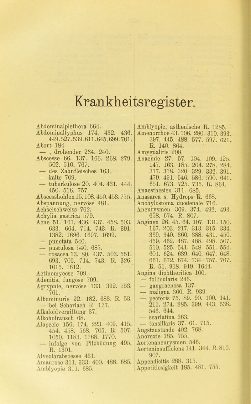 Krankheitsregister. Abdominalplethora 664. Abdominaltyphus 174. 432. 436. 449.527.539.611.645.699.701. Abort 184. — , drohender 234. 240. Abscesse 66. 137. 166. 268. 279. 502. 510. 767. — des Zahnfleisches 163. — kalte 709. — tuberkulöse 20. 404. 431. 444. 450. 516. 757. Abscesshöhlen 15.108.450.453.775. Abspannung, nervöse 481. Achselschweiss 762. Achylia gastrica 579. Acne 51. 161. 436. 437. 458. 503. 633. 664. 714. 743. R. 391. 1382. 1696. J697. 1699. — punctata 540. — pustulosa 540. 687. — rosacea 13. 80. 437. 503. 551. 693. 705. 714. 743. R. 326. 1015. 1612. Actinomycose 709. Adenitis, fungöse 709. Agrypnie, nervöse 133. 392. 753. 761. Albuminurie 22. 182. 683. E. 53. — bei Scharlach R. 177. Alkaloidvergiftung 37. Alkoholrausch 68. Alopeoie 156. 174. 223. 409. 415. 454. 458. 568. 705. R 507. 1050. 1183. 1768. 1770. — infolge von Pilzbildung 495. R. 1301. Alveolarabscesse 431. Amaurose 311. 333. 400. 488. 685. Amblyopie 311. 685. Amblyopie, asthenische R. 1285. Amenorrhoe 43.106. 280. 310. 393, 397. 445. 488. 577. 597. 621, R. 140. 864. Amygdalitis 208. Anaemie 27. 57. 104. 109. 125. 147. 163. 185. 204. 278. 284. 317. 318. 320. 329. 332. 391. 479. 491. 546. 586. 590. 641. 651. 673. 725. 735. R. 864. Anaesthesien 311. 685. Anasarca s. Hydrops R. 668. Anchylostoma duodenale 716. Aneurysmen 309. 374. 492. 493. 658. 674. R. 807. Anginen 26. 45. 64. 107. 131. 150. 167. 203. 217. 313. 315. 334. 339. 340. 360. 388. 431. 450. 459. 462. 487. 488. 498. 507. 510. 525. 541. 548. 551. 554. 601. 624. 639. 640. 647. 648. 661. 672. 674. 734. 757. 767. R. 51. 918. 919. 1644. Angina diphtheritica 100. — follicularis 246. — gangraenosa 137. — maligna 360. R. 939. — pectoris 75. 89. 90. 100. 141. 211. 274. 285. 399. 443. 538. 546. 644. — scarlatina 363. — tonsillaris 37. 61. 715. Angstzustände 402. 768. Anorexie 185. 755. Aortenaneurysmen 546. Aorteninsufficienz 141. 344. R. 810. 907. Appendicitis 288. 315. Appetitlosigkeit 185. 481. 755.