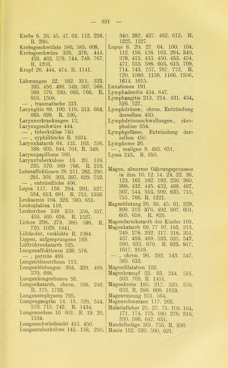 Krebs 8. 26. 45. 47. 63. 112. 226. R. 290. Krebsgeschwülste 580. 585. 608. Krebsgeschwüre 326. 379. 444. 459. 463. 576. 744. 749. 767. R. 1203. Kropf 26. 444. 474. R. 1141. Lähmungen 22. 162. 311. 333. 393. 450. 486. 549. 567. 568. 569. 570. 590. 685. 766. R. 816. 1508. — , traumatische 333. Laryngitis 89. 100. 118. 313. 664. 665. 699. R. 100. Larynxerkrankungen 13. Larynxgeschwüre 444. — , tuberkulöse 740. — , syphilitische R. 1024. Larynxkatarrh 64. 131. 163. 556. 588. 605. 644. 701. R. 348. Larynxpapillome 589. Larynxtuberkulose 13. 20. 118. 235. 570. 589 766. R. 216. Leberaffektionen 28. 211. 285. 290 291. 301. 303. 397. 629. 752. — , entzündliche 406. Lepra 117. 158. 284. 291. 527. 554. 613. 681. R. 753. 1556 Leukaemie 104. 323. 590. 651. Leukoplakien 118. Leukorrhoe 349 350. 356. 357. 459. 460. 659. R. 1527. Lichen 208. 279. 380. 598. R„ 720. 1029. 1841. Lidränder, verklebte R. 1084. Lippen, aufgesprungene 169. Luftröhren katarrh 535. Lungenaffektionen 338. 578. — , putride 469. Lungen blenorrhoen 113. Lungenblutungen 304. 329. 469. 570. 688. Lungenkongestionen 58. Lungenkatarrh, chron. 106. 240. R. 175. 1733. Lungenemphysem 705. Lungengangrän 14. 15. 526. 544. 570. 715. 742. R. 1434. Lungenoedem 10 601. R. 19. 20. 1534. Lungenschwindsucht. 415. 450. Lungentuberkulose 145. 158. 250. 340. 382. 437. 482. 612. R. iook 1997 Lupus 8.’ 20. 27. 64, 100. 104. 112. 156. 158. 163. 284. 340. 378. 415. 433. 450. 453. 454. 471. 553. 588. 603. 613. 709. 714. 743. 757. 767. 772. R. 720. 1080. 1158. 1166. 1506. 1614. 1615. Luxationen 191. Lymphadenitis 434. 647. Lymphangitis 213. 214. 431. 434, 526. 527. Lymphdrüsen, chron. Entzündung derselben 450. Lymphdrüsensehwellungen, skro- phulöse 654. Lymphgefässe, Entzündung der- selben 450. Lymphome 26. — , maligne 9. 495. 651. Lyssa 245. R. 650. Magen, abnorme Gährungsprozesse in ihm 10. 12. 14. 24. 32. 36. 123. 161. 162. 192. 236. 360. 388. 432. 445. 452. 469. 497. 507. 544. 553. 599. 633. 715. 755. 766. R. 1221. Magenblutung 26. 36. 45. 61. 229. 309. 313 376. 492. 507. 601. 605. 658. R. 825. Magendarmkatarrh der Kinder 169. Magenkatarrh 69. 77 97. 185. 213. 249. 278. 292. 317. 318. 351. 437. 459. 469. 533. 535. 547. 580. 633. 670. R. 825. 917. 1617. 1618. — , chron. 96. 292. 543. 547. 585. 633. Magendilatation 192. Magenkrampf 52. 93. 244. 515. 563. 769. R. 1451. Magenkrebs 185. 217. 520. 576. 633. R. 586. 608. 1619. Magenreizung 551. 564. Magenschmerzen 117. 265. Malariafieber 25. 27. 71. 103. 104. 171. 174. 175. 180. 278. 516. 530. 588. 647. 651. Mandelbeläge 361. 755. R. 936. Manie 152. 520. 590. 621.