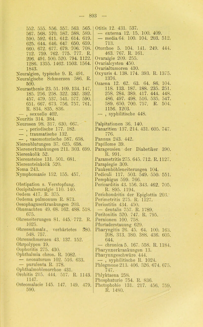 552. 555. 556. 557. 563. 565. 567. 568. 570. 587. 588. 589. 590. 592. 611. 612. 614. 619. 625. 644. 646. 647. 650. 659. 660. 672. 677. 679. 706. 708. 712. 759. 762. 775. 777. R. 206. 491. 500. 520. 794. 1122. 1286. 1355. 1462. 1503. 1564. 1843. Neuralgien, typische 9. R. 491. Neuralgische Schmerzen 586. R. 500. Neurasthenie 23. 51. 109. 134. 147. 185. 256. 258. 322. 332. 392. 457. 479. 537. 541. 577. 590. 651. 667. 673. 756. 757. 761. R. 834. 835. 836. — , sexuelle 402. Neuritis 314. 384. Neurosen 98. 317. 630. 667. — , periodische 177. 182. — , traumatische 132. — , vasomotorische 587. 658. Nierenblutungen 37. 625. 658. Nierenerkrankungen 211. 303. 699. Nierenkolik 52. Nierensteine 131. 501. 681. Nierensteinkolik 520. Noma 243. Nymphomanie 152. 155. 457. Obstipation s. Verstopfung. Occipitalneuralgie 110. 140. Oedem 417. R. 375. Oedema pulmonum R. 873. Oesophaguserkrankungen 203. Ohnmächten 49. 68. 162. 488. 518. 675. Ohreneiterungen 81. 445. 772. R. 1025. Ohrenschmalz, verhärtetes 380. 548. 757. Ohrenschmerzen 43. 137. 152. Ohrpolypen 19. Oophoritis 275. 430. Ophthalmia chron. R. 1082. — neonatorum 102. 516. 633. — purulenta R. 378. Ophthalmoblenorrhoe 431. Orchitis 215. 444. 517. R. 1143. 1147. Osteomalacie 145. 147. 149. 479. 590. Otitis 12. 431. 537. — externa 12. 15. 100. 409. — media 64. 100. 104. 203. 512. 713. Otorrhoe 5. 104. 141. 249. 444. 463. 767. R. 161. Ovaralgie 209. 255. Ovarialcysten 450. Ovarialtumoren 430. Oxyuris 4. 138. 174. 393. R. 1375. 1376. Ozaena 12. 62. 63. 64. 86. 104. 118. 133. 187. 188. 235. 251. 258. 284. 389. 417. 444. 448. 486. 497. 498. 516. 535. 547. 589. 650. 700. 757. R. 504. 1156. 1203. — , syphilitische 448. Palpitationen 36. 140. Panaritien 137. 214. 431. 605. 747. 776. Pannus 243. 442. Papillome 39. Parageusien der Diabetiker 390. R. 991. Parametritis 275. 645. 712. R. 1127. Paraplegie 309. Paukenhöhleneiterungen 104. Pediculi 117. 503. 549. 550. 551. Pemphigus 599. 766. Pericarditis 43. 156. 343. 462. 705. R. 895. 1194. Perichondritis der Epiglottis 203. Perimetritis 275. R. 1127. Periostitis 434. 450. — dentalis 757. R. 1789. Peritonitis 520. 747. R. 795. Pernionen 100. 758. Pfortaderstauung 629. Pharyngitis 26. 45. 64. 100. 163. 208. 313. 380. 388. 436. 605. 644. — chronica 5. 167. 558. R. 1184. Pharynxerkrankungen 13. Pharynxgeschwüre 444. — , syphilitische R. 1024. Phlegmone 213. 406. 526. 674. 675. 747. Phlyktaena 258. Phospbaturio 754. R. 836. Photophobie 131. 217. 456. 759. R. 1480.