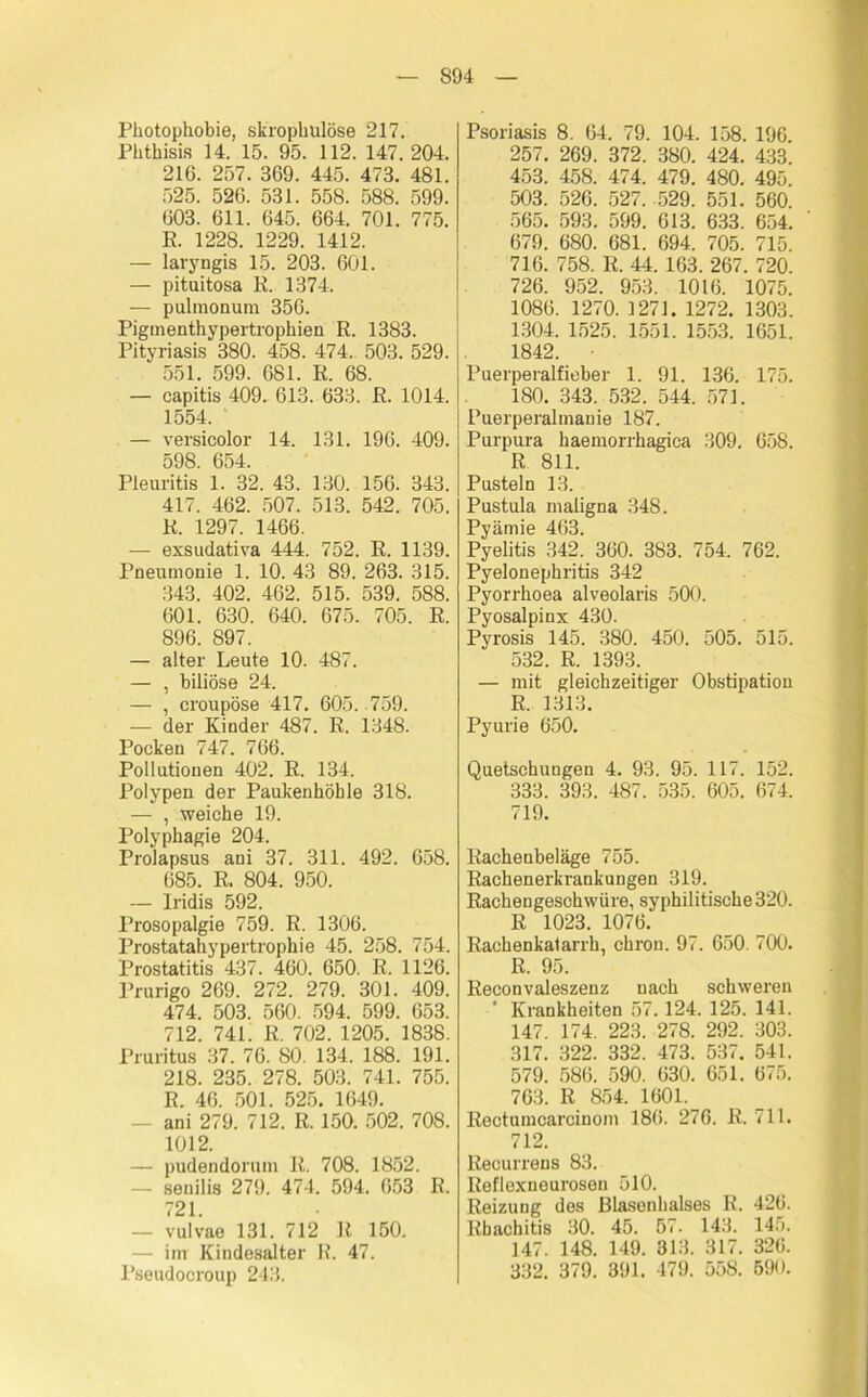Photophobie, skrophulöse 217. Plithisis 14. 15. 95. 112. 147.204. 216. 257. 369. 445. 473. 481. 525. 526. 531. 558. 588. 599. 603. 611. 645. 664. 701. 775. E. 1228. 1229. 1412. — laryngis 15. 203. 601. — pituitosa R. 1374. — pulmonum 356. Pigmenthypertrophien R. 1383. Pityriasis 380. 458. 474. 503. 529. 551. 599. 681. R. 68. — capitis 409. 613. 633. R. 1014. 1554. — versicolor 14. 131. 196. 409. 598. 654. Pleuritis 1. 32. 43. 130. 156. 343. 417. 462. 507. 513. 542. 705. R. 1297. 1466. — exsudativa 444. 752. R. 1139. Pneumonie 1. 10. 43 89. 263. 315. 343. 402. 462. 515. 539. 588. 601. 630. 640. 675. 705. R. 896. 897. — alter Leute 10. 487. — , biliöse 24. — , croupöse 417. 605. 759. — der Kinder 487. R. 1348. Pocken 747. 766. Pollutionen 402. R. 134. Polypen der Paukenhöhle 318. — , weiche 19. Polyphagie 204. Prolapsus ani 37. 311. 492. 658. 685. R. 804. 950. — Iridis 592. Prosopalgie 759. R. 1306. Prostatahypertrophie 45. 258. 754. Prostatitis 437. 460. 650. R. 1126. Prurigo 269. 272. 279. 301. 409. 474. 503. 560. 594. 599. 653. 712. 741. R. 702. 1205. 1838. Pruritus 37. 76. 80. 134. 188. 191. 218. 235. 278. 503. 741. 755. R. 46. 501. 525. 1649. — ani 279. 712. R. 150. 502. 708. 1012. — pudendorum R. 708. 1852. — senilis 279. 474. 594. 653 R. 721. — vulvae 131. 712 R 150. — im Kindesalter R. 47. Pseudocroup 243. Psoriasis 8. 64. 79. 104. 158. 196 257. 269. 372. 380. 424. 433. 453. 458. 474. 479. 480. 495. 503. 526. 527. 529. 551. 560. 565. 593. 599. 613. 633. 654. 679. 680. 681. 694. 705. 715. 716. 758. R. 44. 163. 267. 720. 726. 952. 953. 1016. 1075. 1086. 1270. 1271. 1272. 1303. 1304. 1525. 1551. 1553. 1651. 1842. ■ Puerperalfieber 1. 91. 136. 175. 180. 343. 532. 544. 571. Puerperalmanie 187. Purpura haemorrhagica 309. 658. R 811. Pusteln 13. Pustula maligna 348. Pyämie 463. Pyelitis 342. 360. 383. 754. 762. Pyelonephritis 342 Pyorrhoea alveolaris 500. Pyosalpinx 430. Pyrosis 145. 380. 450. 505. 515. 532. R. 1393. — mit gleichzeitiger Obstipation R. 1313. Pyurie 650. Quetschungen 4. 93. 95. 117. 152. 333. 393. 487. 535. 605. 674. 719. Racbenbeläge 755. Rachenerkrankungen 319. Rachengeschwüre, syphilitische320. R 1023. 1076. Rachenkatarrh, chron. 97. 650. 700. R. 95. Reconvaleszenz nach schweren Krankheiten 57.124. 125. 141. 147. 174. 223. 278. 292. 303. 317. 322. 332. 473. 537. 541. 579. 586. 590. 630. 651. 675. 763. R 854. 1601. Rectumcarcinom 186. 276. R. 711. 712. Recurrens 83. Reflexneurosen 510. Reizung des Blasenhalses R. 426. Rbachitis 30. 45. 57. 143. 145. 147. 148. 149. 313. 317. 326. 332. 379. 391. 479. 558. 590.