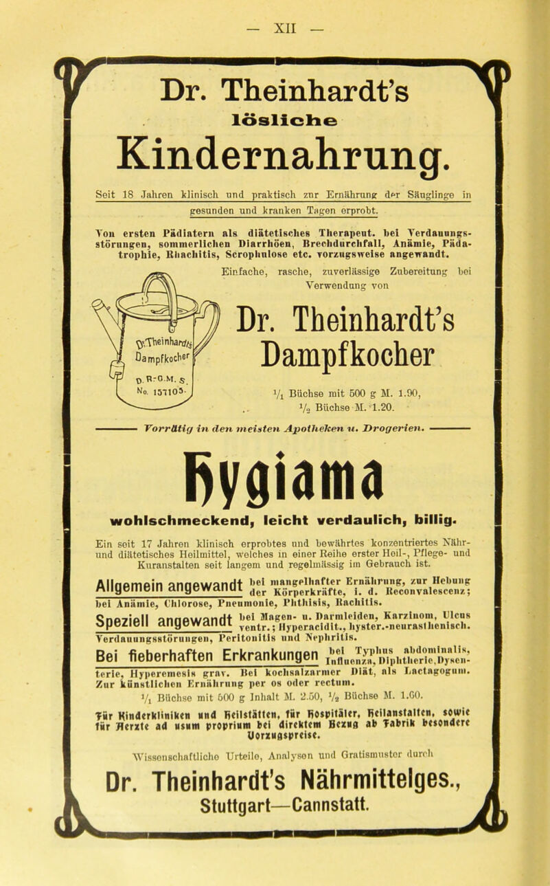 Dr. Theinhardt’s lösliche Kindernahrung. Seit 18 Jahren klinisch und praktisch znr Ernährung der Säuglinge gesunden und kranken Tagen erprobt. Von ersten Pädiatern als diätetisches Therapeut, hei Verdauungs- störungen, sommerlichen Diarrhöen, ßrechdurchrnll, Anämie, Piida- trophle, Uliachitis, Scropliniose etc. vorzugsweise nngewandt. Einfache, rasche, zuverlässige Zubereitung hei Verwendung von Dr. Theinhardt’s Dampfkocher Vx Büchse mit 500 g H. 1.90, V» Büchse M.' 1.20. Vorrätig in den meinten Apotheken u. Drogerien. Rygiama wohlschmeckend, leicht verdaulich, billig. Ein soit 17 Jahren klinisch erprobtes nnd bewährtes konzentriertes Nähr- und diätetisches Heilmittel, welches in einer Reihe erster Heil-, Pflege- und Kuranstalten seit langem und regelmässig im Gebrauch ist. Allnnmpin nnnpwanrit ,,ei mangelhafter Ernährung, zur Hebung Mllyplllclll aliypWallUt (|cr Kjjrpcrkriifte, 1. d. Itcconvalcsccnz; hei Anämie, Chlorose, Pneumonie, Plithisis, Rachitis. Qno-rioll nnnnu/nnrli hei Magen- u. Darmleiden, Karzinom, Ulcus OypZIPlI dliyPWdllUL ycntr<. Hyporacldlt., hystcr.-neuraslhenlsch. Verdauungsstörungen, Peritonitis und Nephritis. Bei fieberhaften Erkrankungen terie, Hypercmesis grav. Bei koclisalzarmer Diät, nis Ii&ctngogum. Zur künstlichen Ernährung per 08 oder rectum. i/x Büchse mit 600 g Inhalt M. 2.50, J/a Büchse M. 1.G0. für Hinderkliniken nnd Heilstätten, für Hospitäler, Heilanstalten, sowie für Herxte ad usnm proprium bei direktem Henna ab Tabrik besondere Uorxnaspreise. Wissenschaftliche Urteile, Analysen und Gratismustor durcli Dr. Theinhardt’s Nährmittelges., & Stuttgart—Cannstatt^^^~^^^^^