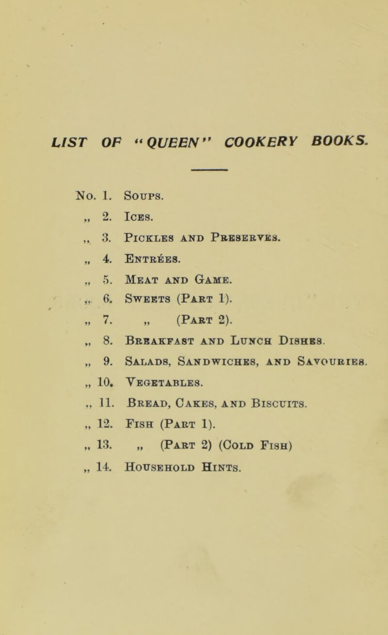 No. 1. Soups. „ 2. Ices. „ 3. Pickles and Preserves. „ 4. Entrees. „ 5. Meat and Game. „ 6. Sweets (Part 1). » 7. „ (Part 2). M 8. Breakfast and Lunch Dishes. „ 9. Salads, Sandwiches, and Savouries. „ 10. Yegetables. „ 11. Bread, Cakes, and Biscuits. „ 12. Fish (Part 1). ,, 13. „ (Part 2) (Cold Fish) „ 14. Household Hints.