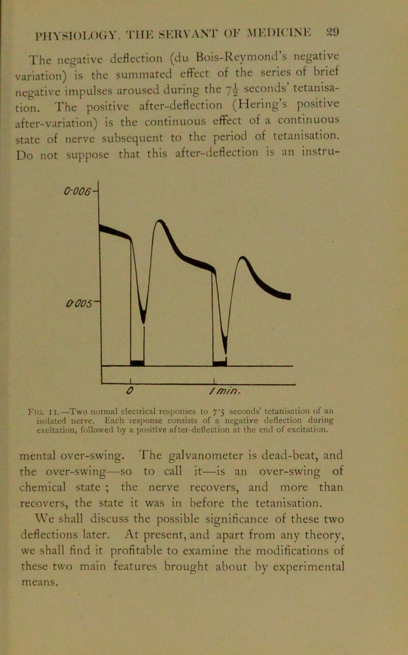 The negative deflection (du Bois-Reymond’s negative variation) is the sum mated effect of the series of brief negative impulses aroused during the 7^ seconds tetamsa- tion. The positive after-deflection (Hering’s positive after-variation) is the continuous effect of a continuous state of nerve subsequent to the period of tetanisation. Do not suppose that this after-deflection is an instru- 0-006- J L O /m/n. Fig. 11.—Two normal electrical responses to 7'5 seconds’ tetanisation of an isolated nerve. Each response consists of a negative deflection during excitation, followed by a positive after-deflection at the end of excitation. mental over-swing. The galvanometer is dead-beat, and the over-swing—so to call it—is an over-swing of chemical state ; the nerve recovers, and more than recovers, the state it was in before the tetanisation. We shall discuss the possible significance of these two deflections later. At present, and apart from any theory, we shall find it profitable to examine the modifications of these two main features brought about by experimental means.