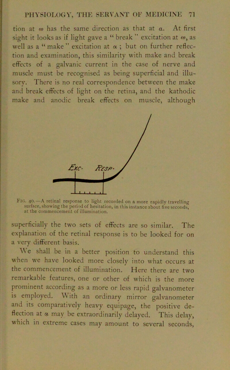 tion at to has the same direction as that at a. At first sight it looks as if light gave a “ break ” excitation at ro, as well as a “ make ” excitation at a ; but on further reflec- tion and examination, this similarity with make and break effects of a galvanic current in the case of nerve and muscle must be recognised as being superficial and illu- sory. There is no real correspondence between the make and break effects of light on the retina, and the kathodic make and anodic break effects on muscle, although Fig. 40.—A retinal response to light recorded on a more rapidly travelling surface, showing the period of hesitation, in this instance about five seconds, at the commencement of illumination. superficially the two sets of effects are so similar. The explanation of the retinal response is to be looked for on a very different basis. \\ e shall be in a better position to understand this when we have looked more closely into what occurs at the commencement of illumination. Here there are two remarkable features, one or other of which is the more prominent according as a more or less rapid galvanometer is employed. \\ ith an ordinary mirror galvanometer and its comparatively heavy equipage, the positive de- flection at a may be extraordinarily delayed. This delay, which in extreme cases may amount to several seconds,