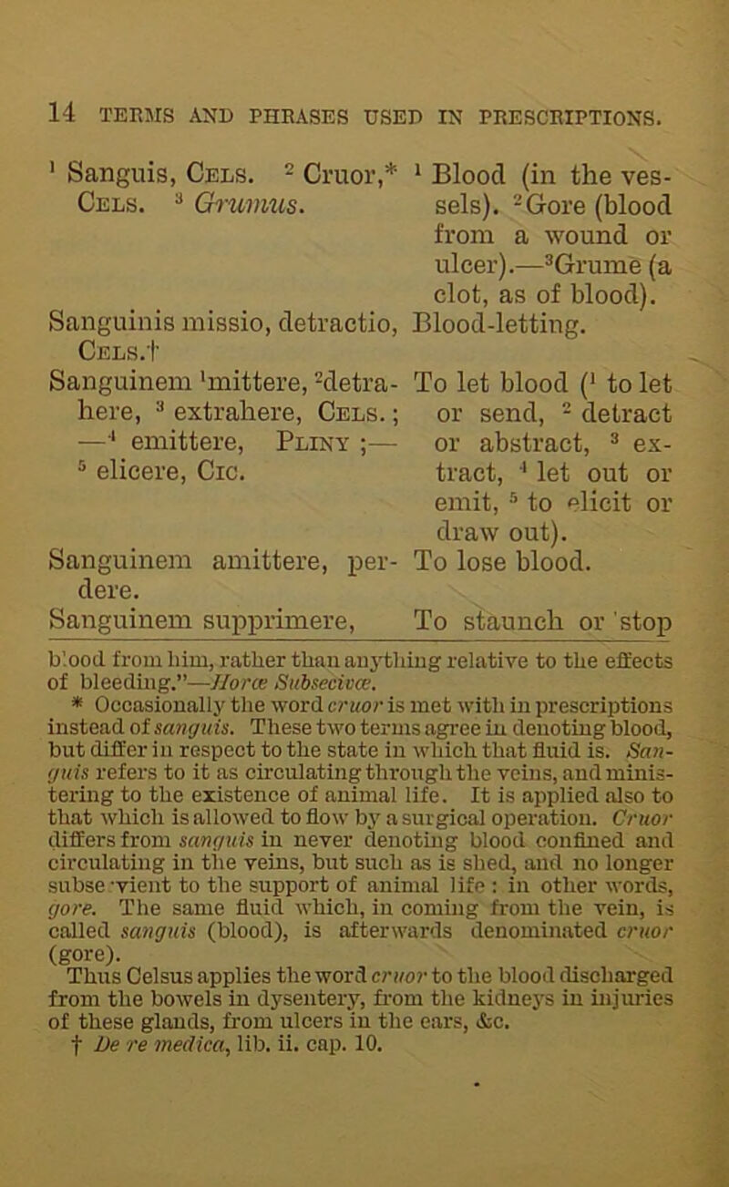 ’ Sanguis, Cels. * Ctuoi’,* Cels. ^ Ch-uvms. Sanguinis missio, cletractio, Cels.1' Sanguinem 'mittere, ^detra- here, extrahere, Cels. ; —•* emittere, Pliny ;— ® elicere, Cic. Sanguinem amittere, per- dere. Sanguinem supprimere, * Blood (in the ves- sels). -Gore (blood from a wound or ulcer).—^Grume (a clot, as of blood). Blood-letting. To let blood (* * to let or send, - detract or abstract, ^ ex- tract, let out or emit, ^ to elicit or draw out). To lose blood. To staunch or stop blood from him, rather than aujdliiug relative to the effeets of bleeding.”—llorce Siibsecivce. * Occasionally the word cruor is met with in prescriptions instead of sanguis. These two terms agree in denoting blood, but differ in respect to the state in which that fluid is. San- guis refers to it as circulating through the veins, and minis- tering to the existence of animal life. It is applied .also to that which is allowed to flow by a surgical operation. Cruor differs from sanguis in never denoting blood conflned and circulating in the veins, but such as is shed, and no longer subse -vient to the support of animal life : in other words, gore. The same fluid which, in coming from the vein, is called sanguis (blood), is afterwards denominated cruor (gore). Thus Celsus applies the word cruor to the blood discharged from the bowels in dysentery, from the kidnej's in injuries of these glands, from ulcers in the ears, &c. t De re medica, lib. ii. cap. 10.