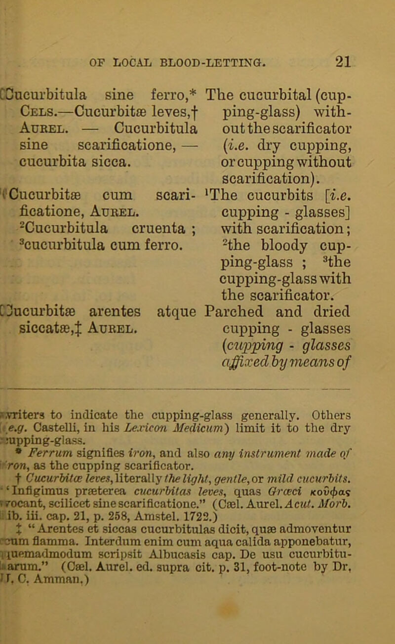 CCucurbitula sine ferro,* * Cels.—Cucurbit® leves.f Aubel. — Cucurbitula sine scarificatione, — cucurbita sicca. '('Cucurbit® cum ficatione, Aubel. scari- ®Cucurbitula cruenta ’cucurbitula cum ferro. CUucurbit® arentes atque siccat®4 Aubel. The cucurbital (cup- ping-glass) with- out the scarificator [i.e. dry cupping, or cupping without scarification). ‘The cucurbits \i.e. cupping - glasses] with scarification; ’the bloody cup- ping-glass ; ’the cupping-glass with the scarificator. Parched and dried cupping - glasses {cupping - glasses a ffixed hy means of *.vriters to indicate the cupping-glass generally. Others ;t e.gr. Castelli, in his Lexicon Medicum') limit it to the dry ::upping-glas3. • Ferrum signifies iron, and also any instrument made of rron, as the cupping scarificator. t CucurUtcB leves,\iter&\lyt?ielight, gentle,or mild cucurbits. ■ ‘ Inflglmus prseterea cucurUtas leves, quas Oraci rcovr/ras wocant, scilicet sine scarificatione.” (Gael. Aurel. Acut. Morb. i: ib. iii. cap. 21, p. 258, Amstel. 1722.) X “ Arentes et siccas cucurbitulas dicit, quse admoventur rmm fiamma. Interdum enim cum aqua calida apponebatur, Viuemadmodum scripsit Albucasis cap. De usu cucurbitu- liarum.” (Gael. Aurel. ed. supra cit. p, 31, foot-note by Dr, ir. G. Amman.)