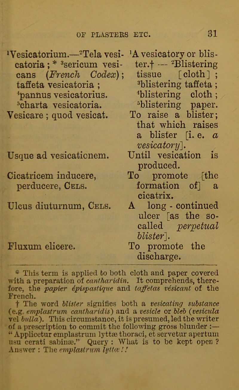 ‘Vesicatorium.—-Tela vesi- catoria ; * ^sericum vesi- cans {French Codex); taffeta vesicatoria ; 'pannus vesicatorius. ^charta vesicatoria. Vesicare; quod vesicat. Usque ad vesicationem. Cicatricem inducere, perducere, Cels. Ulcus diuturnum, Cels. Fluxum elicere. 'A vesicatory or blis- ter.f — -Blistering tissue [ cloth ] ; blistering taffeta; ■’blistering cloth; ^blistering paper. To raise a blister; that which raises a blister [i. e. a vesicatory]. Until vesication is produced. To promote [the formation of] a cicatrix. A long - continued ulcer [as the so- called perpetual blister]. To promote the discharge. * Thi-s term is applied to both cloth and paper covered with a preparation of catUharidin. It comprehends, there- fore, the papier ipUpattique and luffelai vesicant of the French. t The word blister signifies both a vesicating substance (e.g. emplastrum cantharidis) and a vesicle or bleb (vesicula vel bulla). This circumstance, it is presumed, led the writer of a prescription to commit the follow'ing gross blunder :— “ AppUcetur emplastrum lyttaj thoraci, et scrvetur apertum usu cerati sabinaj.” Query : What is to be kept open ? Answer : The emplastrum lidUe!'