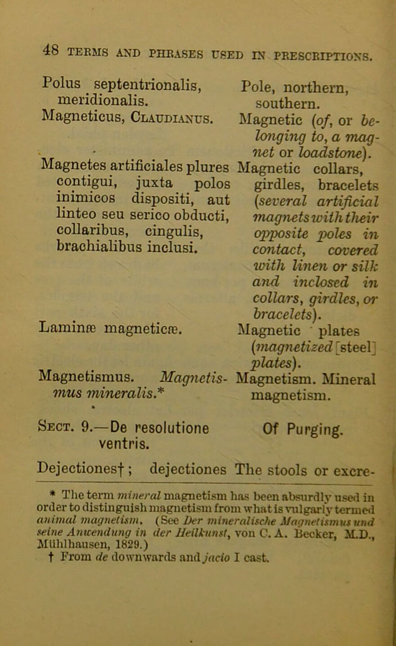 Polus ^ septentrionalis, Pole, northern, meridionalis. southern. Magneticus, Claudianus. Magnetic {of, or be- longing to, a mag- net or loadstone). Magnetes artificiales plures Magnetic collars, contigui, juxta polos girdles, bracelets inimicos dispositi, aut {several artificial linteo seu serico obducti, magnets with their collaribus, cingulis, opposite poles in brachialibus inclusi. contact, covered with linen or silk and inclosed in collars, girdles, or bracelets). Laminre magneticre. Magnetic plates {magnetized [steel] plates). Magnetismus. Magnetis- Magnetism. Mineral mus mineralis.* magnetism. Sect. 9.—De resolutione Of Purging, ventris. Dejectionesf; dejectiones The stools or excre- » The tei-m mineral magnetism has been absurdly used in order to distuigulsh magnetism from what is vulgarly tenne<l animal magnetism. (See Der mineralische Magnetismus und seine Anttendung in der lleiUunst, von C. A. hecker, M.D MUhl hausen, 1829.) t From de downwards and^rtcio I cast