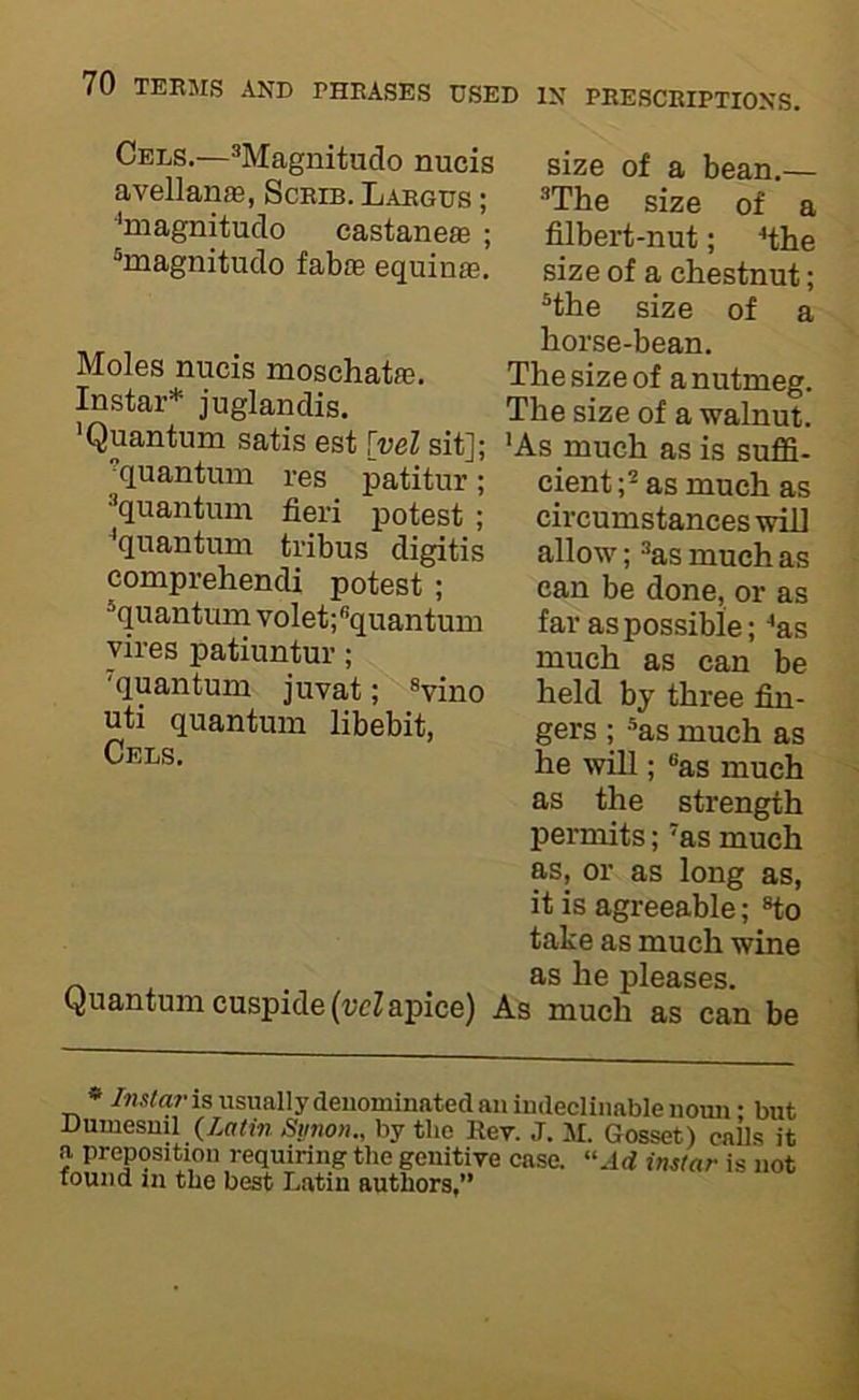 IN PRESCRIPTIONS. Cels.—^Magnitude nucis avellanie, Scrib.Largus ; 'magnitudo castaneie ; ^magnitudo fabie equin®. Moles nucis moschate. Instar* juglandis. 'Quantum satis est [vel sit]; ■quantum res patitur; quantum fieri potest ; 'quantum tribus digitis comprehendi potest ; ^quantum volet;'*quantum vires patiuntur; 'quantum ju'vat; ®vino uti quantum libebit, Cels. Quantum cuspide {vel apice) size of a bean.— The size of a filbert-nut; ■'the size of a chestnut; the size of a horse-bean. The size of a nutmeg. The size of a ■walnut. 'As much as is suffi- cient; as much as circumstances wiD allow; as much as can be done, or as far as possible; 'as much as can be held by three fin- gers ; as much as he will; as much as the strength permits; as much as, or as long as, it is agreeable; to take as much wine as he pleases. As much as can be * Instar is usually denominated an indeclinable noun • but Dumesnil {Latin Simon., by the Rer. J. AI. Gosset) cails it a preposition requiring the genitive case. “.Id instar is not found in the best Latin authors,’’