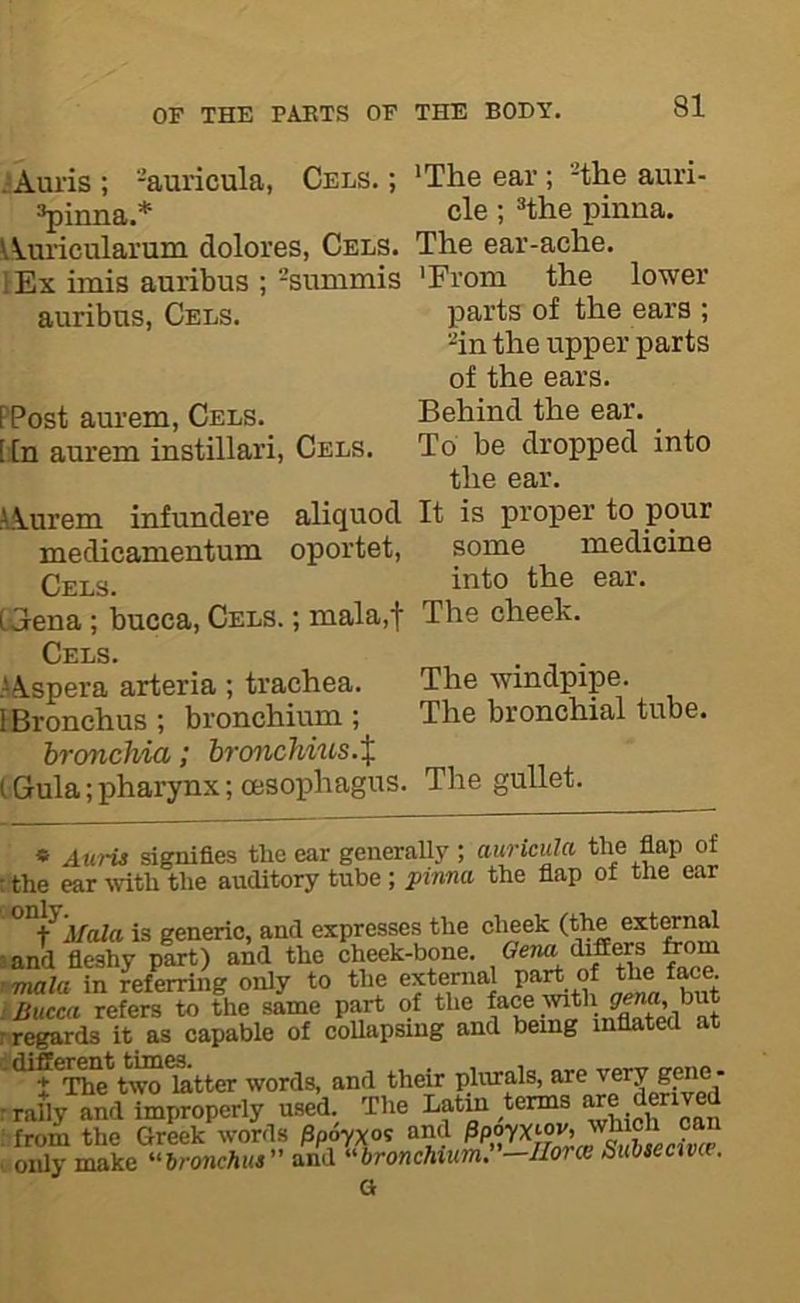 /Auris ; -auricula, Cels. ; ‘The ear ; -the auri- 3pinna.* cle ; ^the pinna. Wuricularum dolores, Cels. The ear-ache. lEx imis auribus ; -sunimis 'From the lower [In aurem instillari, Cels. To be dropped into l.\.urem infundere aliquod It is proper to pour medicamentum oportet, some medicine Cels. C;Jena ; bucca, Cels. ; mala,t The cheek. Cels. >A.spera arteria ; trachea. The windpipe. I Bronchus ; bronchium ; The bronchial tube. bronchia; bronchius.X (Gula; pharynx; oesophagus. The gullet. auribus, Cels. jiarts of the ears ; -in the upper parts of the ears. PPost aurem. Cels. Behind the ear. the ear.