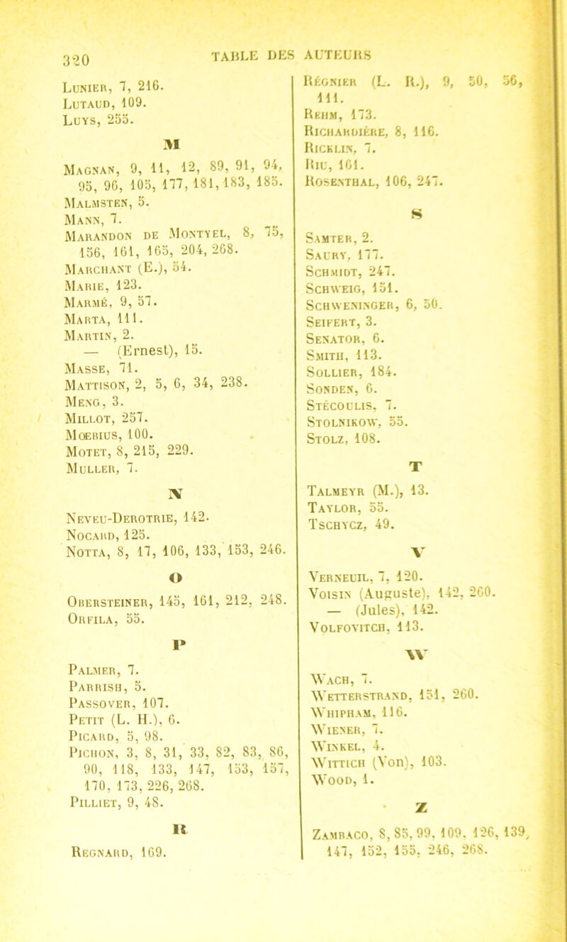 Lunier, 7, 216. Lutaud, 109. Luys, 2So. Magnan, 9, 11, 12, 89, 91, 94, 95, 90, 103, 111, 181, 183, 183. Malmstën, 5. Mann, 1. Marandon de .Montyel, 8, ’/5, 136, 161, 165, 204, 208. Marchant (E.), 34. Marie, 123. Marmé, 9, 5T. Marta, 111. Martin, 2. — (Ernest), 15. Masse, 11. Mattison, 2, 5, 6, 34, 238. Meng, 3. Mili.ot, 231. Moebius, 100. Motet, 8, 215, 229. Muller, 1. IV Neveu-Derotrie, 142. Nocard, 125. Notta, 8, n, 106, 133, 133, 246. O OiiEusTEiNER, 143, 161, 212, 248. Orfila, 53. I» Palmer, 1. Parrish, 5. Passover, 101. Petit (L. H.), 0. Picard, 3, 98. PiciioN, 3, 8, 31, 33, 82, 83, 86, 90, 118, 133, 141, 133, 151, 110, 113, 226, 268. PlLLlET, 9, 48. It IlÉOKiER (L. II.), 9, 50, 36, 111. Rehm, 113. Richaruiére, 8, 116. Ricklin, 1. Riu, 161. Rosentual, 106, 241. W Sauter, 2. Saury, 111. Schmidt, 241. SCHWEIG, 131. SCHWE.M.NGER, 6, 50. Seifert, 3. Senator, 6. Smith, 113. SoLLlER, 184. Sonden, 0. Stécoulis, 1. Stolnikow, 33. Stolz, 108. T Talmeyr (M.), 13. Taylor, 35. Tschycz, 49. V Verneuil, 1, 120. Voisin (.Auguste), 142, 200. — (Jules), 142. VOLFOVITCH, 113. \V Wach, 1. Wetterstrand, 131, 260. \VniPHAM, 116. Wiener, 1. Win K EL, 4. WiTTicH (Von), 103. WOOD, 1. Z Zamr.aco, 8,85,99. 109. 126, 139, 141, 132, 155, 246, 268. Regnard, 109.