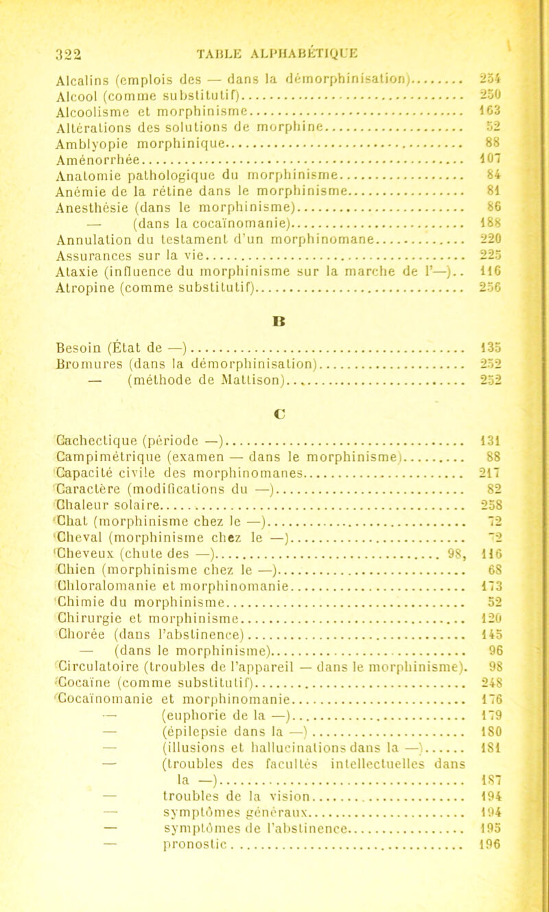 Alcalins (emplois des — dans la démorphinisation) 254 Alcool (comme suljslitulif) 250 Alcoolisme et morphinisme 163 Altérations des solutions de morphine 52 Amblyopie morphinique 88 Aménorrhée 10 Anatomie pathologique du morphinisme 84 Anémie de la rétine dans le morphinisme 81 Anesthésie (dans le morphinisme) 86 —• (dans la cocaïnomanie) 188 Annulation du testament d’un morphinomane 220 Assurances sur la vie 225 Ataxie (influence du morphinisme sur la marche de 1’—).. 116 Atropine (comme substitutif) 256 B Besoin (État de —) 135 Bromures (dans la démorphinisation) 252 — (méthode de Matlison). 252 C Cachectique (période —) 131 Campimétrique (examen — dans le morphinisme) 88 Capacité civile des morphinomanes 217 Caractère (modifications du —) 82 Chaleur solaire 258 ‘Chat (morphinisme chez le —) 72 ‘Cheval (morphinisme chez le —) 2 'Cheveux (chute des —) 98, 116 Chien (morphinisme chez le —) 68 Chloralomanie et morphinomanie 173 'Chimie du morphinisme 52 Chirurgie et morphinisme 120 Chorée (dans l’abstinence) 145 — (dans le morphinisme) 96 Circulatoire (troubles de l’appareil — dans le morphinisme). 98 ^Cocaïne (comme substilulif) 248 'Cocaïnomanie et morphinomanie 176 — (euphorie de la —) 179 — (épilepsie dans la —) ISO — (illusions et haliucinalions dans la —) 181 — (troubles des facultés intellectuelles dans la —) 187 — troubles de la vision 194 — symptômes généraux 194 — symptômes de l’abstinence 193 — pronostic 196