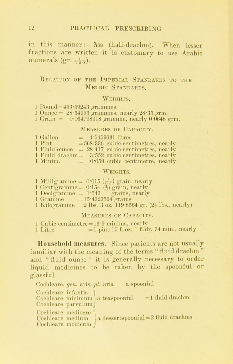 in this manner:—5ss (half-drachm). When lesser fractions are written it is customary to use Arabic numerals (gr. -ji-g-). Relation of the Imperial Standards to the Metric Standards. Weights. 1 Pou n <1=453 '59243 grammes 1 Ounce = 28'34953 grammes, nearly 28'35 grm. 1 Grain = 0'064798918 gramme, nearly 0'0648 grm. Measures of Capacity. 1 Gallon = 4'5459631 litres 1 Pint =568'336 cubic centimetres, nearly 1 Fluid ounce = 28'417 cubic centimetres, nearly 1 Fluid drachm = 3'552 cubic centimetres, nearly 1 Minim. = 0'059 cubic centimetre, nearly Weights. 1 Milligramme = 0'015 (gk-) grain, nearly 1 Centigramme = 0T54 (J) grain, nearly 1 Decigramme = 1'543 grains, nearly 1 Gramme = 15'4323564 grains 1 Kilogramme =2 lbs. 3 oz. Il9'8564 gr. (2f lbs., nearly) Measures of Capacity. 1 Cubic centimetre = 16'9 minims, nearly 1 Litre =1 pint 15 fl.oz. 1 fl.dr. 34 min., nearly Household measures. Since patients are not usually familiar with the meaning of the terms “ fluid drachm ” and “ fluid ounce ” it is generally necessary to order liquid medicines to be taken by the spoonful or glassful. Cochleare, gen. aris, pi. aria a spoonful Cochleare infantis | Cochleare minimum J-a teaspoonful = 1 fluid drachm Cochleare parvulumJ Cochleare mediocre I Cochleare medium la dessertspoonful =2 fluid drachms Cochleare modicum I