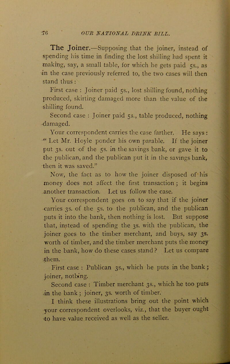 The Joiner.—Supposing that the joiner, instead of spending his time in finding the lost shilling had spent it making, say, a small table, for which he gets paid 5s., as in the case previously referred to, the two cases will then stand thus : First case : Joiner paid 5s., lost shilling found, nothing produced, skirting damaged more than the value of the shilling found. Second case : Joiner paid 5s., table produced, nothing damaged. Your correspondent carries the case farther. He says : Jt Let Mr. Hoyle ponder his own parable. If the joiner put 3s. out of the 5s. in the savings bank, or gave it to the publican, and the publican put it in the savings bank, then it was saved.” Now, the fact as to how the joiner disposed of his money does not affect the first transaction ; it begins another transaction. Let us follow the case. Your correspondent goes on to say that if the joiner carries 3s. of the 5s. to the publican, and the publican puts it into the bank, ihen nothing is lost. But suppose that, instead of spending the 3s. with the publican, the joiner goes to the timber merchant, and buys, say 3s. worth of timber, and the timber merchant puts the money in the bank, how do these cases stand? Let us compare them. First case : Publican 3s., which he puts in the bank; joiner, nothing. Second case : Timber merchant 3s., which he too puts in the bank; joiner, 3s. worth of timber. I think these illustrations bring out the point which your correspondent overlooks, viz., that the buyer ought to have value received as well as the seller.