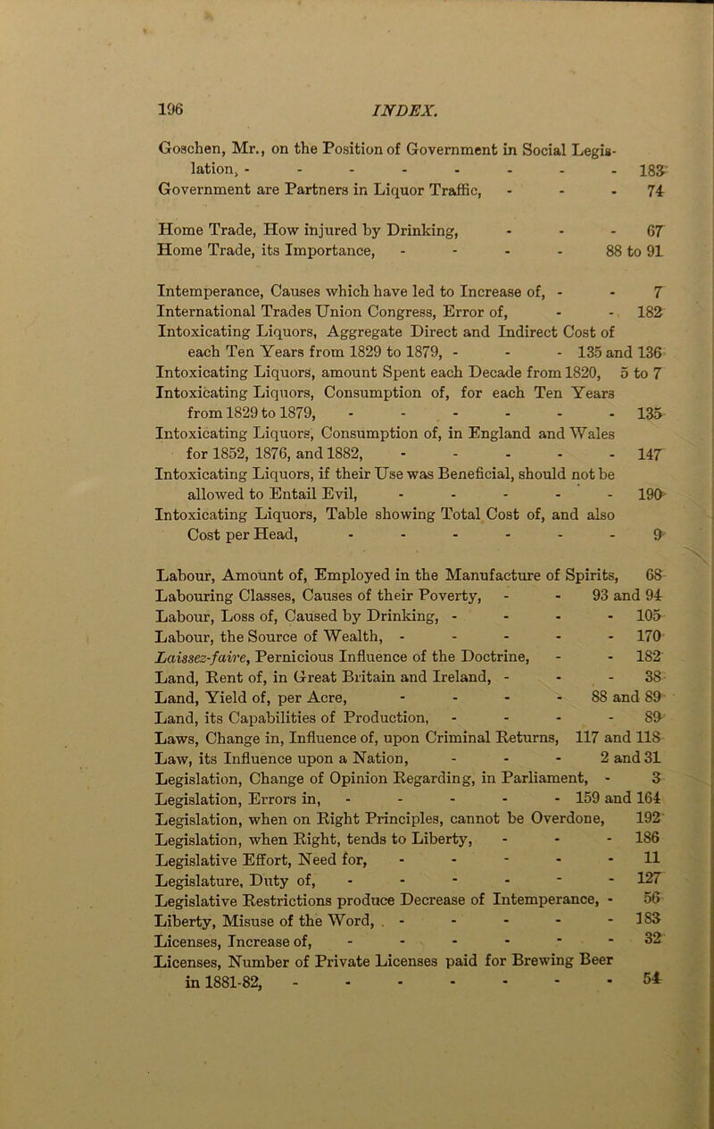 Goschen, Mr., on the Position of Government in Social Legis- lation, 185- Government are Partners in Liquor Traffic, - - - 74 Home Trade, How injured by Drinking, - - 67 Home Trade, its Importance, - - - - 88 to 91 Intemperance, Causes which have led to Increase of, - - 7 International Trades Union Congress, Error of, - - 182 Intoxicating Liquors, Aggregate Direct and Indirect Cost of each Ten Years from 1829 to 1879, - - - 135 and 136 Intoxicating Liquors, amount Spent each Decade from 1820, 5 to 7 Intoxicating Liquors, Consumption of, for each Ten Years from 1829 to 1879, 135. Intoxicating Liquors, Consumption of, in England and Wales for 1852, 1876, and 1882, 147 Intoxicating Liquors, if their Use was Beneficial, should not be allowed to Entail Evil, ----- 190- Intoxicating Liquors, Table showing Total Cost of, and also Cost per Head, - - - - - 9 Labour, Amount of, Employed in the Manufacture of Spirits, 68 Labouring Classes, Causes of their Poverty, - - 93 and 94 Labour, Loss of, Caused by Drinking, - 105 Labour, the Source of Wealth, ----- 170 Laissez-faire, Pernicious Influence of the Doctrine, - - 182 Land, Rent of, in Great Britain and Ireland, - - - 38 Land, Yield of, per Acre, ... - 88 and 89 Land, its Capabilities of Production, - - - - 89 Laws, Change in, Influence of, upon Criminal Returns, 117 and 118 Law, its Influence upon a Nation, - - - 2 and 31 Legislation, Change of Opinion Regarding, in Parliament, - 3 Legislation, Errors in, - - - - 159 and 164 Legislation, when on Right Principles, cannot be Overdone, 192 Legislation, when Right, tends to Liberty, - 186 Legislative Effort, Need for, - - - - - 11 Legislature, Duty of, 127 Legislative Restrictions produce Decrease of Intemperance, - 56 Liberty, Misuse of the Word, . - - - - - 183 Licenses, Increase of, - - - - • - 32 Licenses, Number of Private Licenses paid for Brewing Beer in 1881-82, 5*