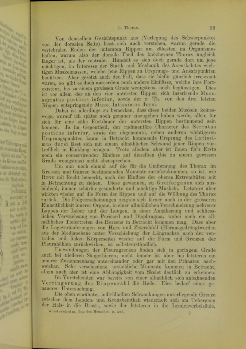Von demselben Gesichtspunkt aus (Verlegung des Schwerpunktes von der dorsalen Seite) lässt sich auch verstehen, warum gerade die f vertebralen Enden der untersten Rippen am zähesten im Organismus haften, warum also der dorsale Theil des knöchernen Thorax ungleich länger ist, als der ventrale. Handelt es sich doch gerade dort um jene mächtigen, im Interesse der Statik und Mechanik des Axenskeletes wich- tigen Muskelmassen, welche jene Rippen zu Ursprungs- und Ansatzpunkten benützen. Aber gesetzt auch den Fall, dass sie hiefiir gänzlich irrelevant wären, so gibt es doch ausserdem noch andere Einflüsse, welche ihre Fort- existenz, bis zu einem gewissen Grade wenigstens, noch begünstigen. Dies ist vor allem der an den vier untersten Rippen sich inserirende Muse, sejrratus posticus inferior, sowie der z. Th. von den drei letzten Rippen entspringende Muse, lat iss im us dorsi. Dabei ist allerdings zu bemerken, dass diese beiden Muskeln keines- twegs, worauf ich später noch genauer einzugehen haben werde, allein für sich für eine zähe Fortdauer der untersten Rippen bestimmend sein können. Ja im Gegentheil, der rudimentäre C’haracter des Serratus posticus inferior, sowie der obgenannte, neben anderen wichtigeren Ursprungspunkten kaum in Betracht kommende Ursprung des Latissi- mus dorsi lässt sich mit einem allmählichen Schwund jener Rippen vor- trefflich in Einklang bringen. Trotz alledem aber ist ihnen für s Erste noch ein conservirender Einfluss auf dieselben (bis zu einem gewissen Grade wenigstens) nicht abzusprechen. Um nun noch einmal auf die für die Umformung des Thorax im Grossen und Ganzen bestimmenden Momente zurückzukommen, so ist, wie Rüge mit Recht bemerkt, auch der Einfluss der oberen Extremitäten mit in Betrachtung zu ziehen. Diese gewannen, zu Greiforganen sich aus- bildend, immer schärfer gesonderte und mächtige Muskeln. Letztere aber wirkten wieder auf die Form der Rippen und auf die Wölbung des Thorax zurück. Die Folgeerscheinungen zeigten sich ferner auch in der grösseren Einheitlichkeit innerer Organe, in einer allmählichen Verschmelzung mehrerer Lappen der Leber und der Lungen, in einer Annäherung und schliess- lichen Verwachsung von Pericard und Diaphragma, wobei auch ein all- mähliches Tiefertreten des Herzens in Betracht kommen mag. Dass aber die Lageveränderungen von Herz und Zwerchfell (Herausgedrängtwerden aus der Medianebeue unter Verschiebung der Längsachse nach der ven- tralen und linken Körperseite) wieder auf die Form und Grenzen der Pleurahöhlen zurückwirken, ist selbstverständlich. Umwandlungen der Pleuragrenzen finden sich in geringem Grade auch bei niederen Säugethieren; nicht immer ist aber bei letzteren ein innerer Zusammenhang untereinander oder gar mit den Primaten nach- weisbar. Sehr verschiedene, ursächliche Momente kommen in Betracht, allein auch hier ist eine Abhängigkeit vom Skelet deutlich zu erkennen. Im Vorstehenden war bereits von einer allmählich sich anbahnenden Verringerung der Rippenzahl die Rede. Dies bedarf einer ge- naueren Untersuchung. Die oben erwähnte, individuellen Schwankungen unterliegende Grenze zwischen dem Lenden- und Kreuzbeintheil wiederholt sich am Uebergang der Hals- in die Brust-, sowie der letzteren in die Lendenwirbelsäule. Wiederslieim, Bau des Menschen. 2. Aull. 3