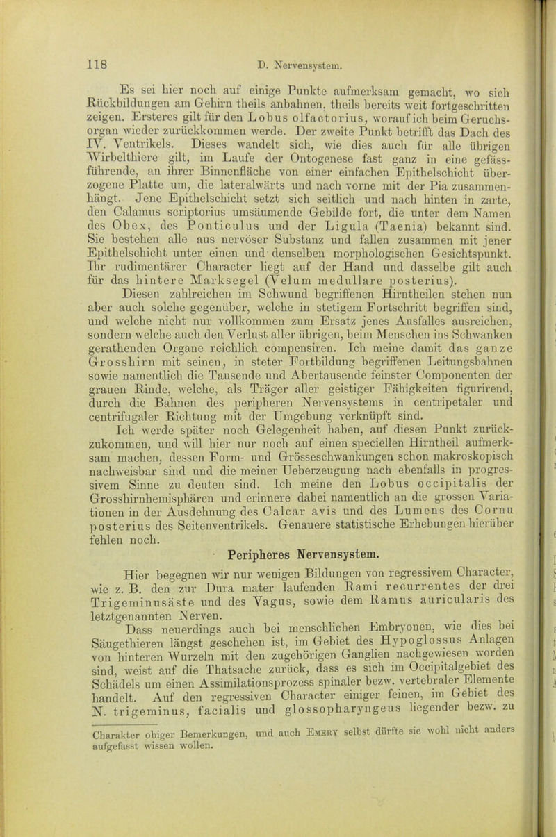 Es sei liier noch auf einige Punkte aufmerksam gemacht, wo sich Rückbildungen am Gehirn theils anbahnen, theils bereits weit fortgeschritten zeigen. Ersteres gilt für den Lobus olfactorius, worauf ich beim Geruchs- organ wieder zurückkommen werde. Der zweite Punkt betrifft das Dach des IV. Ventrikels. Dieses wandelt sich, wie dies auch für alle übrigen AYirbelthiere gilt, im Laufe der Ontogenese fast ganz in eine gefäss- führende, an ihrer Binnenfläche von einer einfachen Epithelschicht über- zogene Platte um, die lateralwärts und nach vorne mit der Pia zusammen- hängt. Jene Epithelschicht setzt sich seitlich und nach hinten in zarte, den Calamus scriptorius umsäumende Gebilde fort, die unter dem Namen des Obex, des Ponticulus und der Ligula (Taenia) bekannt sind. Sie bestehen alle aus nervöser Substanz und fallen zusammen mit jener Epithelschicht unter einen und denselben morphologischen Gesichtspunkt. Ihr rudimentärer Character liegt auf der Hand und dasselbe gilt auch für das hintere Marksegel (Velum medulläre posterius). Diesen zahlreichen im Schwund begriffenen Hirntheilen stehen nun aber auch solche gegenüber, welche in stetigem Fortschritt begriffen sind, und welche nicht nur vollkommen zum Ersatz jenes Ausfalles ausreichen, sondern welche auch den Verlust aller übrigen, beim Menschen ins Schwanken gerathenden Organe reichlich compensiren. Ich meine damit das ganze Grosshirn mit seinen, in steter Fortbildung begriffenen Leitungsbahnen sowie namentlich die Tausende und Abertausende feinster Componenten der grauen Rinde, welche, als Träger aller geistiger Fähigkeiten figurirend, durch die Bahnen des peripheren Nervensystems in centripetaler und centrifugaler Richtung mit der Umgebung verknüpft sind. Ich werde später noch Gelegenheit haben, auf diesen Punkt zurück- zukommen, und will hier nur noch auf einen speciellen Hirntheil aufmerk- sam machen, dessen Form- und Grösseschwankungen schon makroskopisch nachweisbar sind und die meiner Ueberzeugung nach ebenfalls in progres- sivem Sinne zu deuten sind. Ich meine den Lobus occipitalis der Grosshirnhemisphären und erinnere dabei namentlich an die grossen \aria- tionen in der Ausdehnung des Calcar avis und des Lumens des Cornu posterius des Seitenventrikels. Genauere statistische Erhebungen hierüber fehlen noch. Peripheres Nervensystem. Hier begegnen wir nur wenigen Bildungen von regressivem Character, wie z. B. den zur Dura mater laufenden Rami recurrentes der drei Trigeminusäste und des Vagus, sowie dem Ramus auricularis des letztgenannten Nerven. . Dass neuerdings auch bei menschlichen Embryonen, wie dies bei Säugethieren längst geschehen ist, im Gebiet des Hypoglossus Anlagen von hinteren Wurzeln mit den zugehörigen Ganglien nachgewiesen y 01 den sind, weist auf die Thatsache zurück, dass es sich im Occipitalgebiet des Schädels um einen Assimilationsprozess spinaler bezw. vertebraler Elemente handelt. Auf den regressiven Character einiger feinen, im Gebiet des N. trigeminus, facialis und glossopharyngeus liegender bezw. zu Charakter obiger Bemerkungen, und auch Ejiery selbst dürfte sie wohl nicht anders aufgefasst wissen wollen.