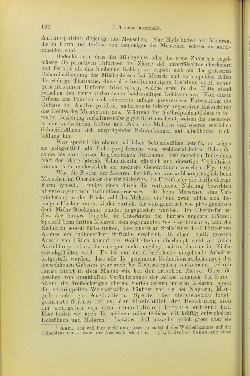 Anthropoiden diejenige des Menschen. Nur Hylobates hat Molaren, die in Form und Grösse von denjenigen des Menschen schwer zu unter- scheiden sind. Bedenkt man, dass das Milchgebiss oder die erste Zahnserie regel- mässig die primitiven Urformen der Zähne viel unverfälschter überliefert und festhält als das bleibende Gebiss, so ergiebt sich aus der grösseren Uebereinstimmung des Milchgebisses bei Mensch und anthropoiden Affen die richtige Thatsache, dass die beiderseitigen Gebisse nach einer gemeinsamen Urform hindeuten, welche etwa in der Mitte stand zwischen den heute vorhandenen beiderseitigen Gebissformen. Von dieser Urform aus bildeten sich einerseits infolge progressiver Entwicklung die Gebisse der Anthropoiden, andererseits infolge regressiver Entwicklung das Gebiss des Menschen aus. Während das Anthropoiden-Gebiss in for- meller Beziehung verliältnissmässig gut fixirt erscheint, weisen die besonders in der wechselnden Grösse und Form der Molaren und oberen seitlichen Schneidezähnen sich ausprägenden Schwankungen auf allmähliche Rück- bildung hin. Was speciell die oberen seitlichen Schneidezähne betrifft, so zeigen sie gelegentlich alle Uebergangsformen vom wohlentwickelten Schneide- zahne bis zum kurzen kegelspitzigen Stiftzahne. Bei manchen Individuen fehlt der obere laterale Schneidezahn gänzlich und derartige Verhältnisse können sich nachweislich auf mehrere Generationen vererben (Fig. 101). Was die Form der Molaren betrifft, so war wohl ursprünglich beim Menschen im Oberkiefer die vierhöckerige, im Unterkiefer die fünf höckerige Form typisch. Infolge eines durch die verfeinerte Nahrung bewirkten physiologischen Reductionsprocesses tritt beim Menschen eine Ver- minderung in der Höckerzahl der Molaren ein,' und zwar bilden sich die- jenigen Höcker zuerst wieder zurück, die ontogenetisch wie phylogenetisch dem Molar-Stockzahne zuletzt angegliedert wurden. Im Oberkiefer ist dies der hintere linguale, im Unterkiefer der hintere unpaare Höcker. Speciell beim dritten Molaren, dem sogenannten Weisheitszahne, kann die Reduction soweit fortschreiten, dass zuletzt an Stelle'eines 4—5 höckerigen Zahnes ein rudimentärer Stiftzahn erscheint. In einer relativ grossen Anzahl von Fällen kommt der Weisheitszahn überhaupt nicht zur vollen Ausbildung, sei es, dass er gar nicht angelegt, sei es, dass er im Kiefer zurückgehalten wird. Es ist nun durch mehrfache eingehende Arbeiten festgestellt worden, dass alle die genannten Reductionserscheinungen des menschlichen Gebisses zwar auch bei Nichteuropäern Vorkommen, jedoch lange nicht in dem Masse wie bei der arischen Rasse. Ganz ab- gesehen von krankhaften Veränderungen der Zähne kommen bei Euro- päern die dreihöckerigen oberen, vierhöckerigen unteren Molaren, sowie die verkrüppelten Weisheitszähne häufiger vor als bei Negern, Mon- golen oder gar Australiern. Speciell der tiefstehende letzt- genannte Stamm ist es, der hinsichtlich der Bezahnung sich am wenigsten von dem vermuthlichen Urtypus entfernt hat. Hier finden wir noch die schönen vollen Gebisse mit kräftig entwickelten Eckzähnen und Molaren1. Letztere sind entweder gleich gross oder sie 1 Anm. Ich will hier nicht unterlassen hinsichtlich des Weisheitszahnes auf die Coincidenz von — wenn der Ausdruck erlaubt ist — phyletischer Senescenz einer