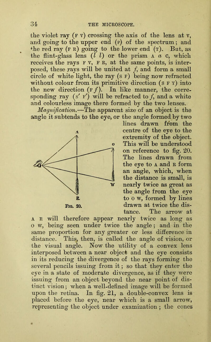 the violet ray (f v) crossing the axis of the lens at v, and going to the upper end (p) of the spectrum; and +he red ray (f r) going to the lower end (t). But, as the flint-glass lens (l l) or the prism a a c, which receives the rays F v, fr, at the same points, is inter- posed, these rays will be united at f, and form a small circle of white light, the ray (s f) being now refracted without colour from its primitive direction (s ft) into the new direction (f/). In like manner, the corre- sponding ray (s' f') will be refracted to/, and a white and colourless image there formed by the two lenses. Magnification.—The apparent size of an object is the angle it subtends to the eye, or the angle formed by two lines drawn from the centre of the eye to the extremity of the object. This will be understood on reference to fig. 20. The lines drawn from the eye to A and R form an angle, which, when the distance is small, is nearly twice as great as the angle from the eye to 0 w, formed by lines drawn at twice the dis- tance. The arrow at A R will therefore appear nearly twice as long as 0 w, being seen under twice the angle ; and in the same proportion for any greater or less difference in distance. This, then, is called the angle of vision, or the visual angle. Now the utility of a convex lens interposed between a near object and the eye consists in its reducing the divergence of the rays forming the several pencils issuing from it; so that they enter the eye in a state of moderate divergence, as if they were issuing from an object beyond the near point of dis- tinct vision; when a well-defined image will be formed upon the retina. In fig. 21, a double-convex lens is placed before the eye, near which is a small arrow, representing the object under examination ; the cones