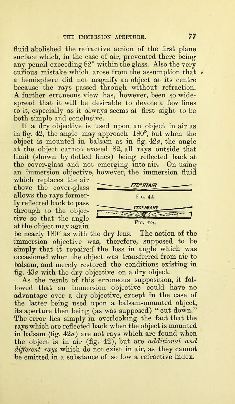 fluid abolished the refractive action of the first plane surface which, in the case of air, prevented there being any pencil exceeding 82° within the glass. Also the very curious mistake which arose from the assumption that a hemisphere did not magnify an object at its centre because the rays passed through without refraction. A further erroneous view has, however, been so wide- spread that it will be desirable to devote a few lines to it, especially as it always seems at first sight to be both simple and conclusive. If a dry objective is used upon an object in air as in fig. 42, the angle may approach 180°, but when the object is mounted in balsam as in fig. 42a, the angle at the object cannot exceed 82, all rays outside that limit (shown by dotted lines) being reflected back at the cover-glass and not emerging into air. On using an immersion objective, however, the immersion fluid which replaces the air cover-glass above the allows the rays former- ly reflected back to pass through to the objec- tive so that the angle Fig. 42a. at the object may again be nearly 180° as with the dry lens. The action of the immersion objective was, therefore, supposed to be simply that it repaired the loss in angle which was occasioned when the object was transferred from air to balsam, and merely restored the conditions existing in fig. 43a with the dry objective on a dry object. As the result of this erroneous supposition, it fol- lowed that an immersion objective could have no advantage over a dry objective, except in the case of the latter being used upon a balsam-mounted object, its aperture then being (as was supposed) “ cut down.” The error lies simply in overlooking the fact that the rays which are reflected back when the object is mounted in balsam (fig. 42 a) are not rays which are found when the object is in air (fig. 42), but are additional and different rays which do not exist in air, as they cannot be emitted in a substance of so low a refractive index.