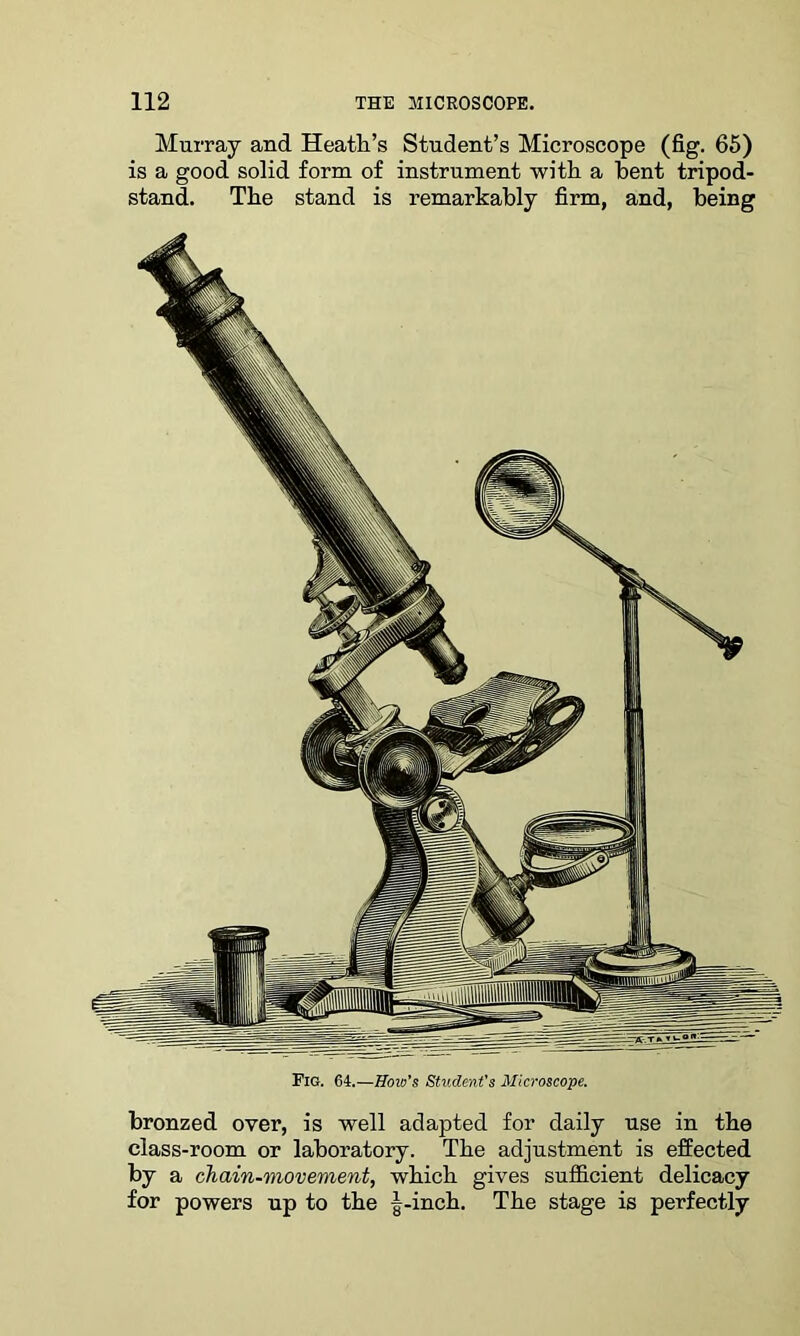 Murray and Heath’s Student’s Microscope (fig. 65) is a good solid form of instrument with a bent tripod- stand. The stand is remarkably firm, and, being bronzed over, is well adapted for daily use in the class-room or laboratory. The adjustment is effected by a chain-movement, which gives sufficient delicacy for powers up to the |-inch. The stage is perfectly