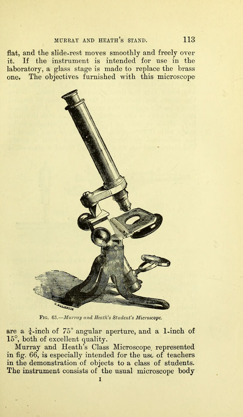 flat, and the slide-rest moves smoothly and freely over it. If the instrument is intended for use in the laboratory, a glass stage is made to replace the brass one. The objectives furnished with this microscope Fig. 65.—Murray and Heath's Student's Microscope. are a |--inch of 75° angular aperture, and a 1-inch of 15°, both of excellent quality. Murray and Heath’s Class Microscope, represented in fig. 66, is especially intended for the use of teachers in the demonstration of objects to a class of students. The instrument consists of the usual microscope body i