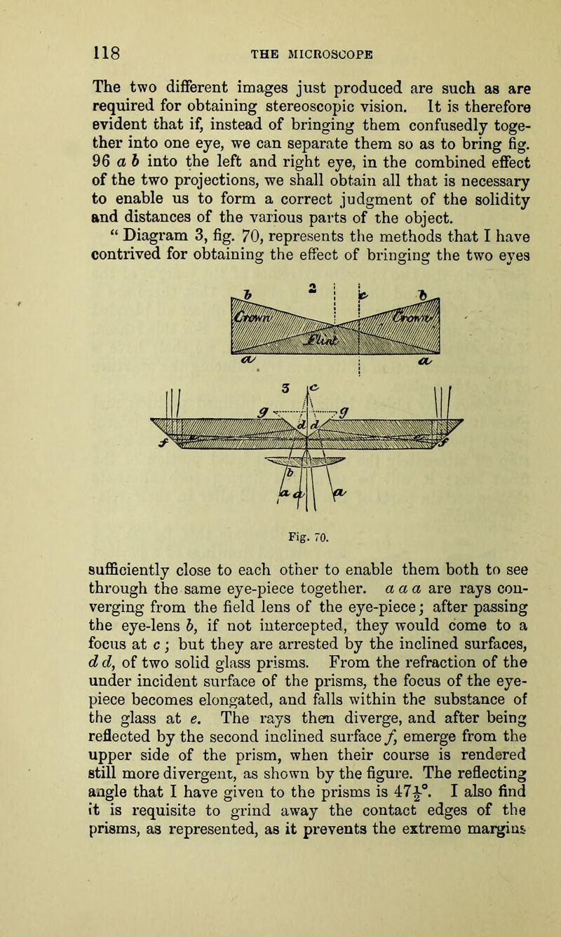 The two different images just produced are such as are required for obtaining stereoscopic vision. It is therefore evident that if, instead of bringing them confusedly toge- ther into one eye, we can separate them so as to bring fig. 96 a b into the left and right eye, in the combined effect of the two projections, we shall obtain all that is necessary to enable us to form a correct judgment of the solidity and distances of the various parts of the object. “ Diagram 3, fig. 70, represents the methods that I have contrived for obtaining the effect of bringing the two eyes Fig. 70. sufficiently close to each other to enable them both to see through the same eye-piece together, aaa are rays con- verging from the field lens of the eye-piece; after passing the eye-lens 6, if not intercepted, they would come to a focus at c; but they are arrested by the inclined surfaces, d d, of two solid glass prisms. From the refraction of the under incident surface of the prisms, the focus of the eye- piece becomes elongated, and falls within the substance of the glass at e. The rays then diverge, and after being reflected by the second inclined surface f emerge from the upper side of the prism, when their course is rendered still more divergent, as shown by the figure. The reflecting angle that I have given to the prisms is 47^-°. I also find it is requisite to grind away the contact edges of the prisms, as represented, as it prevents the extreme margins