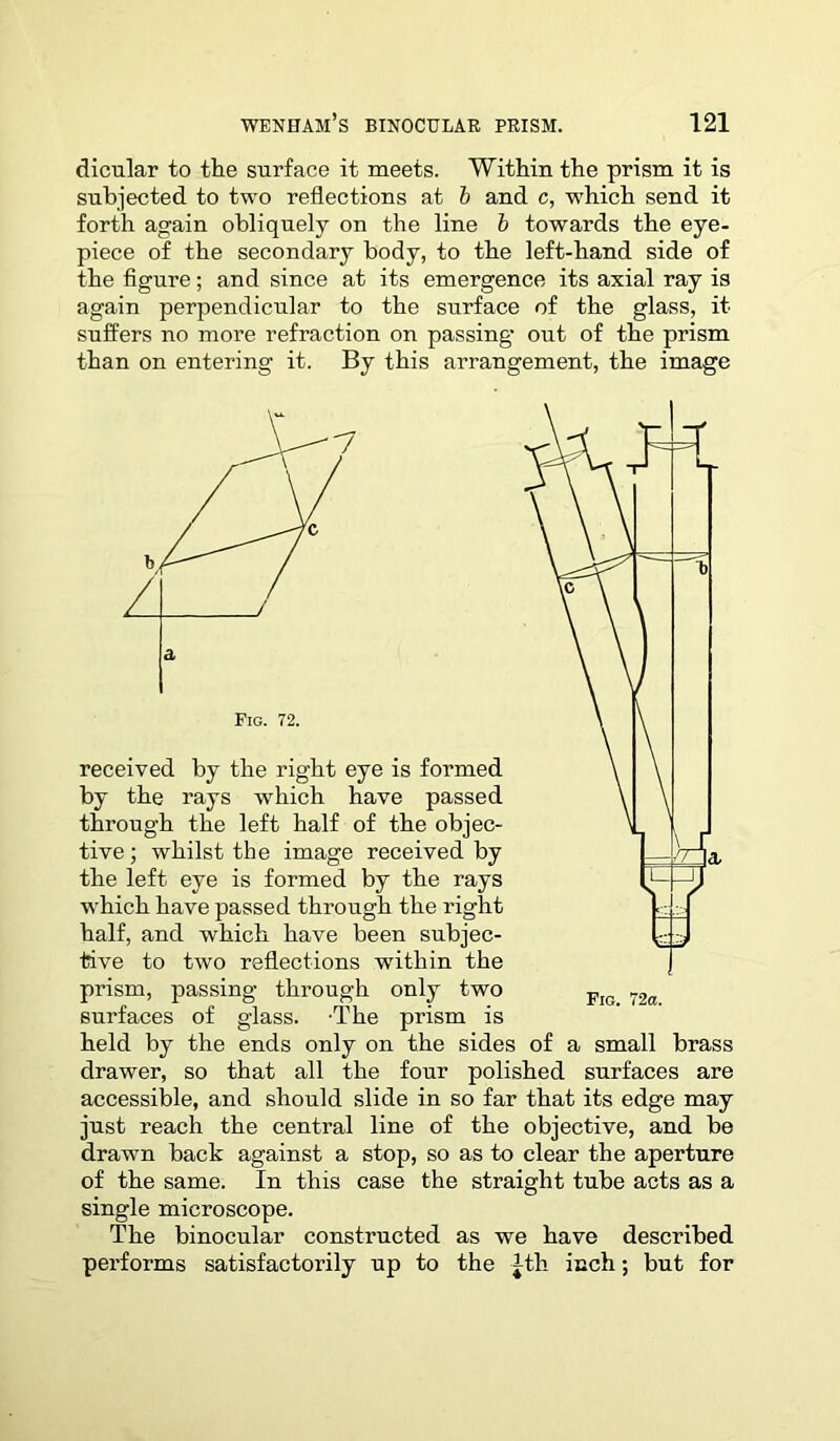 dicular to the surface it meets. Within the prism it is subjected to two reflections at b and c, which send it forth again obliquely on the line b towards the eye- piece of the secondary body, to the left-hand side of the figure; and since at its emergence its axial ray is again perpendicular to the surface of the glass, it suffers no more refraction on passing out of the prism than on entering it. By this arrangement, the image Pig. 72. received by the right eye is formed by the rays which have passed through the left half of the objec- tive; whilst the image received by the left eye is formed by the rays which have passed through the right half, and which have been subjec- tive to two reflections within the prism, passing through only two surfaces of glass. The prism is held by the ends only on the sides of a small brass drawer, so that all the four polished surfaces are accessible, and should slide in so far that its edge may just reach the central line of the objective, and be drawn back against a stop, so as to clear the aperture of the same. In this case the straight tube acts as a single microscope. The binocular constructed as we have described performs satisfactorily up to the |th inch; but for