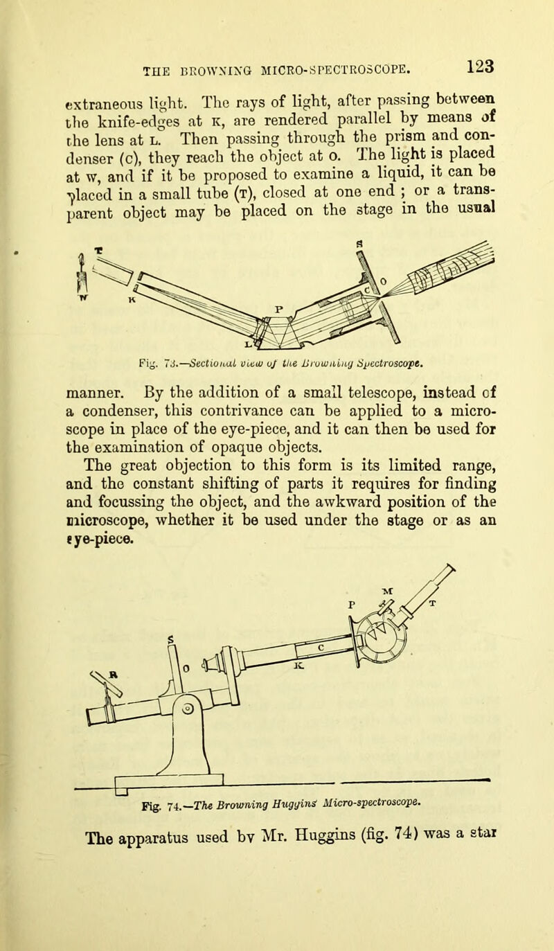 extraneous light. The rays of light, after passing between the knife-edges at k, are rendered parallel by means of the lens at l. Then passing through the prism and con- denser (c), they reach the object at o. The light is placed at w, and if it be proposed to examine a liquid, it can he placed in a small tube (t), closed at one end ; or a trans- parent object may be placed on the stage in the usual manner. By the addition of a small telescope, instead of a condenser, this contrivance can be applied to a micro- scope in place of the eye-piece, and it can then be used for the examination of opaque objects. The great objection to this form is its limited range, and the constant shifting of parts it requires for finding and focussing the object, and the awkward position of the microscope, whether it be used under the stage or as an t ye-piece. The apparatus used bv Mr. Huggins (fig. 74) was a star