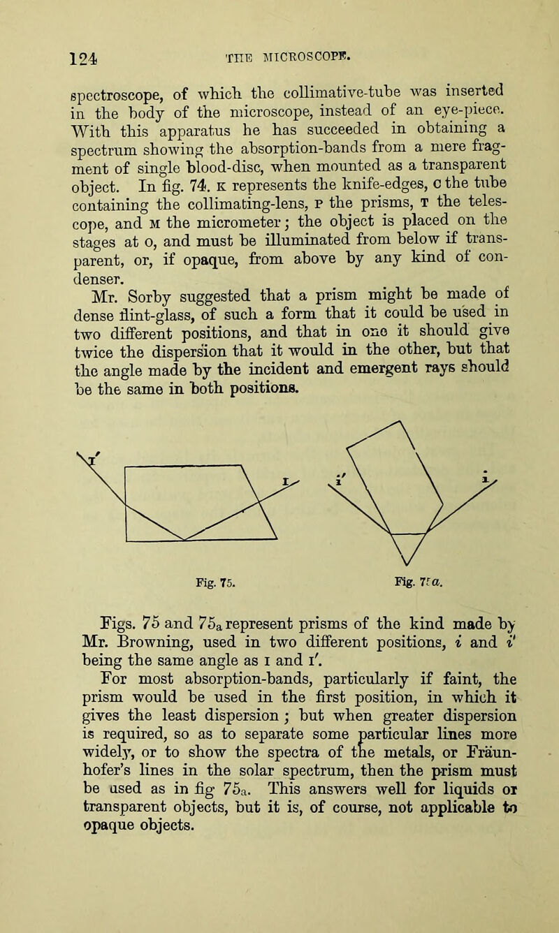 spectroscope, of which, the colliniative-tuhe was inserted in the body of the microscope, instead of an eye-piece. With this apparatus he has succeeded in obtaining a spectrum showing the absorption-bands from a mere frag- ment of single blood-disc, when mounted as a transparent object. In fig. 74. K represents the knife-edges, c the tube containing the collimating-lens, p the prisms, T the teles- cope, and m the micrometer; the object is placed on the stages at o, and must he illuminated from below if trans- parent, or, if opaque, from above by any kind of con- denser. Mr. Sorby suggested that a prism might he made of dense flint-glass, of such a form that it could be used in two different positions, and that in one it should give twice the dispersion that it would in the other, hut that the angle made by the incident and emergent rays should he the same in both positions. Tigs. 75 and 75a represent prisms of the kind made by Mr. Browning, used in two different positions, i and % being the same angle as I and i'. For most absorption-hands, particularly if faint, the prism would he used in the first position, in which it gives the least dispersion ; hut when greater dispersion is required, so as to separate some particular lines more widely, or to show the spectra of the metals, or Fraun- hofer’s lines in the solar spectrum, then the prism must be used as in fig 75a. This answers well for liquids or transparent objects, but it is, of course, not applicable to opaque objects.