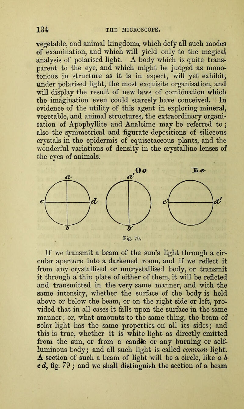 vegetable, and animal kingdoms, which defy all such modes of examination, and which will yield only to the magical analysis of polarised light. A body which is quite trans- parent to the eye, and which might be judged as mono- tonous in structure as it is in aspect, will yet exhibit, under polarised light, the most exquisite organisation, and ■will display the result of new laws of combination which the imagination even could scarcely have conceived. In evidence of the utility of this agent in exploring mineral, vegetable, and animal structures, the extraordinary organi- sation of Apophyllite and Analcime may be referred to ; also the symmetrical and figurate depositions of siliceous crystals in the epidermis of equisetaceous plants, and the wonderful variations of density in the crystalline lenses of the eyes of animals. If we transmit a beam of the sun’s light through a cir- cular aperture into a darkened room, and if we reflect it from any crystallised or uncrystallised body, or transmit it through a thin plate of either of them, it will be reflcted and transmitted in the very same manner, and with the same intensity, whether the surface of the body is held above or below the beam, or on the right side or left, pro- vided that in all cases it falls upon the surface in the same manner; or, what amounts to the same thing, the beam of solar light has the same properties on all its sides; and this is true, whether it is white light as directly emitted from the sun, or from a candle or any burning or self- luminous body; and all such light is called common light. A section of such a beam of light will be a circle, like a b cd, fig. 79 ; and we shall distinguish the section of a beam