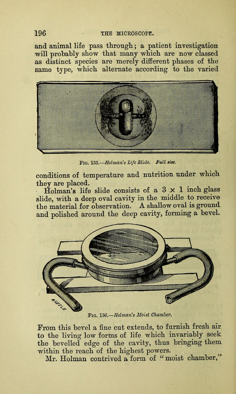 and animal life pass through; a patient investigation will probably show that many which are now classed as distinct species are merely different phases of the same type, which alternate according to the varied Fig. 135.—Holman’s Life Slide. Full size. conditions of temperature and nutrition under which they are placed. Holman’s life slide consists of a 3 X 1 inch glass slide, with a deep oval cavity in the middle to receive the material for observation. A shallow oval is ground and polished around the deep cavity, forming a bevel. Fig. 136.—Holman's Hoist Chamber. From this bevel a fine cut extends, to furnish fresh air to the living low forms of life which invariably seek the bevelled edge of the cavity, thus bringing them within the reach of the highest powers. Mr. Holman contrived a form of “moist chamber,”