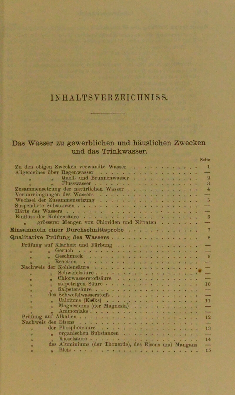 milALTSYEllZEICIINISS, Das Wasser zu gewerbliclien und häuslichen Zwecken und das Trinkwasser. Seite Zu den obigen Zwecken verwandte Wasser 1 Allgemeines über Eegenwasser — „ , Quell- und Brunnenwasser 2 „ „ Flusswasser 3 Zusammensetzung der natürlichen Wasser 4 Verunreinigungen des Wassers — Wechsel der Zusivmmensetzung 5 Suspendtrte Substanzen — Härte des Wassers • — Einfluss der Kohlensäure 6 , grösserer Mengen von Chloriden und Nitraten — Einsamineln einer Durchschnittsprobe 7 Qualitative Prüfung des Wassers 8 Prüfung auf Klarheit und Färbung — „ „ Geruch — „ „ Geschmack 9 „ „ Beaction — Nachweis der Kolilensäure — , „ Schwefelsäure * — „ „ Chlorwasserstoffsäure — „ „ salpetrigen Säure 10 „ „ Salpetersäure — „ des Schwefelwasserstoffs — „ „ Calciums (Ksdks) 11 „ „ Ammoniaks — Prüfung auf Alkalien 12 Nachweis des Eisens — „ organischen Substanzen — „ Kieselsäure 14 des Aluminiums (der Thonerde), des Eisens und Mangans — , Bleis 15