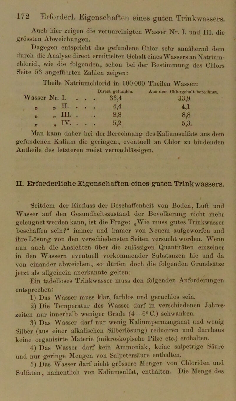 Auch hier zeigen die verunreinigten Wasser Nr. I. und III. die grössten Abweichungen. Dagegen entspricht das gefundene Chlor sehr annähernd dem durch die Analyse direct ermittelten Gehalt eines Wassers an Natrium- chlorid, wie die folgenden, schon bei der Bestimmung des Chlors Seite 53 angeführten Zahlen zeigen: Theile Natriumchlorid in 100000 Theilen Wasser: Wasser Nr. I. . . Direct geruuden, 33,4 Aub dem Ohlorgebalt berechnet. 33,9 n n D. . . 4,4 4,1 » « m. . 8,8 8,8 » „ IV. . . 5,2 5,3. Man kann daher bei der Berechnung des Kaliumsulfats aus dem gefundenen Kalium die geringen, eventuell an Chlor zu bindenden Antheile des letzteren meist vernachlässigen. n. Erforderliche Eigenschaften eines guten Trinkwassers. 1 Seitdem der Einfluss der Beschaffenheit von Boden, Luft und Wasser auf den Gesundheitszustand der Bevölkerung nicht mehr geleugnet werden kann, ist die Frage: „Wie muss gutes Trinkwasser beschaffen sein?“ immer und immer von Neuem aufgeworfen und ihre Lösung von den verschiedensten Seiten versucht worden. Wenn nun auch die Ansichten über die zulässigen Quantitäten einzelner in den Wassern eventuell vorkommender Substanzen hie und da von einander abweichen, so dürfen doch die folgenden Grundsätze jetzt als allgemein anerkannte gelten: Ein tadelloses Trinkwasser muss den folgenden Anforderungen entsprechen: 1) Das Wasser muss klar, farblos und geruchlos sein. 2) Die Temperatur des Wasser darf in verschiedenen Jahres- zeiten nur innerhalb weniger Grade (4—6®C.) schwanken. 3) Das Wasser darf nur wenig Kaliumpermanganat und wenig Silber (aus einer alkalischen Silberlösung) reduciren und durchaus keine organisirte Materie (mikroskopische Pilze etc.) enthalten. 4) Das Wasser darf kein Ammoniak, keine salpetrige Säure und nur geringe Mengen von Salpetersäure enthalten. 5) Das Wasser darf nicht grössere Mengen von Chloriden und Sulfaten, namentlich von Kaliumsulfat, enthalten. Die Menge des