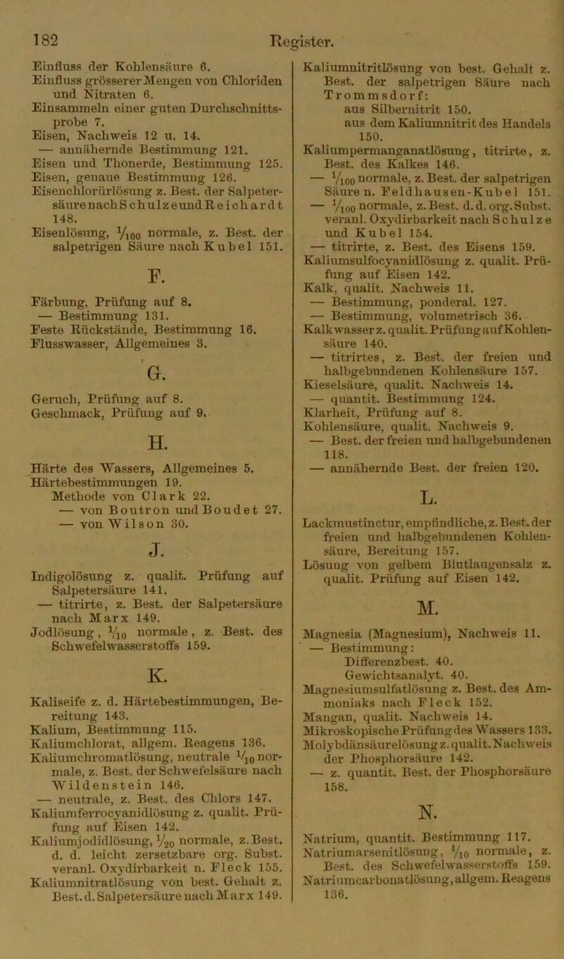 Einfluss der Kohlensäure 6. Einfluss grösserer Mengen von Chloriden und Nitraten 6. Einsammeln einer guten Durchschnitts- prohe 7. Eisen, Nachweis 12 u. 14. — annähernde IJestimmung 121. Eisen und Thonerde, Bestimmung 12.5. Eisen, genaue Bestimmung 126. Eisenchlorürlösung z. Best, der Salpeter- säureuachSchulzeundReichard t 148. Eisenlösung, Yioo normale, z. Best, der salpetrigen Säure nach K u b e 1 151. Färbung, Prüfimg auf 8. — Bestimmung 131. Feste Rückstände, Bestimmung 16. Flusswasser, Allgemeines 3. G. Geruch, Prüfung auf 8. Geschmack, Prüfung auf 9. H. Härte des Wassers, Allgemeines 5. Härtebestimmungen 19. Methode von Clark 22. — von Bontron undBoudet 27. — von Wilson 30. J. Indigolüsung z. qualit. Prüfung auf Salpetersäure 141. — titrirte, z. Best, der Saljietersäure nach Marx 149. Jodlösung ■ Vio normale, z. Best, des Schwefelwasserstoffs 159. K. Kaliseife z. d. Härtebestimmungen, Be- reitung 143. Kalium, Bestimmung 115. Kaliumchlorat, allgem. Reagens 136. Kaliumchromatlösung, neutrale nor- male, z. Best, der Schwefelsäure nach Wilden st ein 146. — neutrale, z. Best, des Chlors 147. Kaliumferrocyanidlüsung z. qualit. Prü- fung auf Eisen 142. Kaliumjodidlösung, normale, z.Best. d. d. leicht zersetzbare org. Subst. veranl. Oxydirbarkeit n. Fleck 155. Kaliumniti’atlösuug von best. Gehalt z. Best. d. Salpetersäure uach Marx 149. Kaliumuitritlösung von best. Gehalt z. Best, der salpetiägen Säure uach Trommsdorf: aus Silbernitrit 150. aus dem Kaliumnitrit des Handels 150. Kaliumpermanganatlösuug, titrirte, z. Best, des Kalkes 146. — Vioo normale, z. Best, der salpetrigen Säure n. Feldhausen-Kubel 151. — Vioonormale, z.Best. d.d.org.Subst. veranl. Oxydirbarkeit nach Schulze und Kübel 154. — titrirte, z. Best, des Eisens 159. Kaliumsulfocyanidlösung z. qualit. Prü- fung auf Eisen 142. Kalk, qualit. Nachweis 11. — Bestimmung, ponderal. 127. — Bestimmung, volumetrisch 36. Kalk Wasser z. qualit. Prüfung auf Kohlen- säure 140. — titrirtes, z. Best, der freien und halbgebundenen Kohlensäure 157. Kiesel.säure, qiialit. Nachweis 14. — quantit. Bestimmung 124. Klarheit, Prüfung auf 8. Kohlensäure, qualit. Nachweis 9. — Best, der freien und halbgebundenen 118. — annähernde Best, der freien 120. L. Lackmustinctur, empfindliche, z.Best. der freien und halbgebuudenen Kohlen- säure, Bereitung 157. Lösung von gelbem Blutlaugensalz z. qualit. Prüfung auf Eisen 142. M. Magnesia (Magnesium), Nachweis 11. — Bestimmung: Differenzbest. 40. Gewichtsanalyt. 40. Magnesiumsulfatlösung z. Best, des Am- moniaks nach Fleck 152. Mangan, qualit. Nachweis 14. Mikroskopische Prüfungdes Wassers 133. Molybdänsäurelösung z. qualit. Nach weis der Phosphorsäure 142. — z. quantit. Best, der Phosphorsäure 158. N. Natrium, quantit. Bestimmung 117. Natriuniarsenitlösung, */io noraiale, z. Best, des Schwefelwasserstoffs 159. Natriumcarbonatlösung, aUgem. Reagens 136,