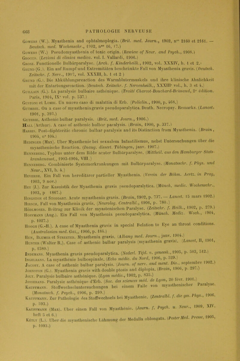 Gowers (W.). Myasthenia and ophtalmoplegia. (Brit. med. Journ., 1902, n°* 2160 et 2161. — Deutsch. med. Wochenschr., 1902, nos 16, 17.) Gowers (\V.) Pseudomyasthenia of toxic origin. (Rewiew of Neur. and Psych., 1908.) Grocco. (Lezioni di clinica medica. vol. I. Vallardi, 1906.) Grosz. Functionellc Bulbiirparalyse. (Arch. f. Kinderheilk., 1902, vol. XXXIV, h. 1 et 2j Grund (G.). Ein auf Rumpf und Extremitiiten beschrankte Fall von Myasthenia gravis. (Deutsch. Zeitschr. f. Nerv., 1907, vol. XXXI11, h. 1 et 2 ) Grund (G.l. Die Abkühlungsreaction des Warmblutermuskels und ihre klinische Ahnlichkeit mit der Entartungsreaction. (Deutsch. Zeitschr. /'. Nervenheilk., XXXIII0 vol., h. 3 et 4.) Guillain (G.). La paralysie bulbaire asthénique. (Traité Charcot-Bouchard-Brissaud, 2e édition. Paris, 1904, IXe vol. p. 637.) Gustoni et Lombi. Un nuovo caso di malatlia di Erb. (Policlin., 1900, p. 468.) Gutiirie. On a case of myastheniagravis pseudoparalytica. Deatli. Necropsy. Remarks. (Lancet, 1901, p. 393.) Gutiirie. Asthénie bulbar paralysis. [Brit. med. Journ., 1906.) Hyll (Arthur). A case of asthénie bulbar paralysis. (Brain, 1900, p. 337.) Harris. Post-diphteritic chronic bulbar paralysis and its Distinction from Myasthenia. (Brain, 1904, n° 104.) Hedinger (Max). Uber Myasthénie bei sexualem Infautilismus, nebst Untersucbungen über die myasthenische Reaction. (Inaug. dissert. Tübingen, janv. 1907.) IIenneberg. Typhus unter dem Bible acuter Bulbârparalyse. (Mittheil. aus den Hamburger Stals- krankenaust., 1903-1904, VIII.) IIenneberg. Combinierte Systemcrkrankungen mit Bulbiirparalyse. (Monatsschr. /. Phys, und Neur., XVI, h. 4.) IIeversii. Ein Fall von hereditarer partieller Myasthenia. ( Verein der Bôhm. Aertz. in Prag, 1903, 9 nov.) Hey (J.). Zur Kasuistik der Myasthenia gravis pseudoparalytica. (Münch. medic. Wochenschr., 1903, p 1867.) Hingston et Stoddart. Acute myasthenia gravis. (Brain, 1902, p. 737. — Lancet. 15 mars 1902.) Hirsch. Fall von Myasthenia gravis. (Neurolog. Centralbl., 1906, p. 780.) Hôdlmoser. Beitrag zur Klinikder myastenischen Paralyse. (Zeitschr. f. Heilk., 1902, p. 279.) Hoffmann (Aug.). Ein Fall von Myasthenia pseudoparalytica. (Münch. Mediz. Woch., 190*, p. 1027.) Hoogii (G.-IL). A case of Myasthenia gravis in spécial Relation lo Eye an tliroat conditions. (Australasian med. Gaz,, 1906, p. 184.) Hun, Blumer et Streeter. Myasthenia gravis. iAlbany med. Journ., janv. 1904.) Hunter (Walter R.). Case of asthénie bulbar paralysis (myasthenia gravis). (Lancet, II, 1901, p. 1580.) Indemans. Myasthenia gravis pseudoparalytica. (Nederl. lijd. v. geneesk., 1905, p. '*<>3, ,>1_.) Ingelrans. La myasthénie bulbospinale. (Echo médic. du Nord, 1906, p. .>29.) Jacoby. A case of asthénie bulbar paralysis. (Journ. of nerv. and ment. Dis., sep Le rare Johnston (G.). Myasthenia gravis with double ptosis and diplopia. (Biain, IJOG, p. _.)>.) Joly. Paralysie bulbaire asthénique. (Lyon médic.t 1902, p. 835.) Jossbrand. Paralysie asthénique d’Erb. (Soc. des sciences méd. de Lyon, -0 lü\r. JO • Kauffmann. Stoffwechseluntersuchungen bei einem Fallc von myast îemsc ici aiajse (Monatssch. f. Psycli., 1906, p. 299.) 0 r Kauppmann. Zur Pathologie des Stoffwechsels bei Myasthénie. (Zentra . f. ti ges. iys., Kauffmann (Max). Uber einen Fall von Myasthénie. (Journ. f. Psych. u. New., heft •) et 0.) . u *qak Kétey (L.). Uber die myasthenische Luhmung der Medulla oblongata. iPestei i e . r , , p. 1093.)