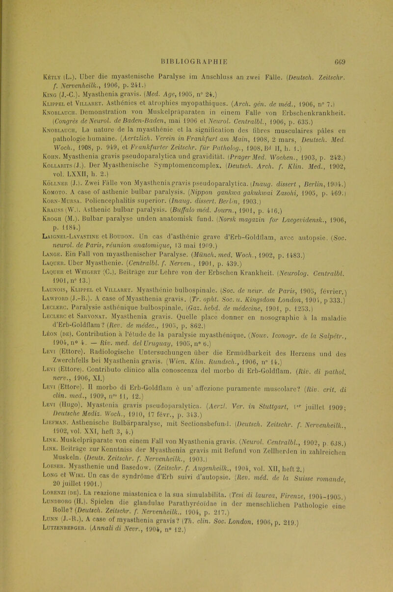 Kétly |L.). Uber die myastenische Paralyse im Anschluss an zwei Falle. fDeutsch. Zeilschr. f. Nervenheilli., 1906, p. 241.) King (J.-C.). Myasthenia gravis. (Med. Age, 1905, n° 24.) IvLippELet Villaret. Asthénies et atrophies myopathiques. (Arch. gên. de méd., 1906, n° 7.) Knoblaucu. Démonstration von Muskelpràparaten in einem Falle von Erbschenkrankheit. (Congrès de Neurol, de Baden-Baden, mai 1906 et Neurol. Genlralbl., 1906, p. 635.) Knoblaucu. La nature de la myasthénie et la signification des fibres musculaires pâles en pathologie humaine. (Aertzlich. Verein in Frankfurt am Main, 1908, 2 mars, Deutsch. Med. Woch., 1908, p. 949, et Frankfurter Zeitschr. fur Palholog., 1908, Rd II, h. 1.) Kohn. Myasthenia gravis pseudoparalytica und graviditât. (PragerMed. Wochen., 1903, p. 242.) Kollarits (J.). Der Myasthenische Syraptomencomplex. (Deutsch. Arch. f. Klin. Med., 1902, vol. LXXII, h. 2.) Kôllner (J.). Zwei Falle von Myasthenia gravis pseudoparalytica. [Inaug. dissert , Berlin, 1904.) Komoto. A case of asthénie bulbar paralysis. (Nippon gankwa gakukwai Zasohi, 1905, p. 469.) Korn-Mursa. Poliencephalitis superior. (Inaug. dissert. Berlin, 1903.) Krauss(\V.1. Asthénie bulbar paralysis. (Buffalo méd. Journ., 1901, p. 416.) Krogh (M.). Bulbar paralyse unden anatomisk fund. (Norsk magazin for Laegevidensk., 1906, p. 1184.) Laignel-Lavastine et Boudon. Un cas d’asthénie grave d’Erb-Goldflam, avec autopsie. (Soc. neurol. de Paris, réunion anatomique, 13 mai 1909.) Lange. Ein Fall von myasthenischer Paralyse. (Münch. med. Woch., 1902, p. 1483.) Laquer. Uber Myasthénie. (Centralbl. f. Nerven-, 1901, p. 439.) Laquer et Weigert (C.). Beitrage zur Lehre von der Erbschen Krankheit. (Neurolog. Centralbl. 1901, n» 13.) Launois, Klippel et Villaret. Myasthénie bulbospinale. (Soc. de ne'ur. de Paris, 1905, février.) Lawford (J.-B.). A case of Myasthenia gravis. (Tr. opht. Soc. u. Kingsdom London, 190 4, p 333.) Leclerc. Paralysie asthénique hulbospinale. (Gaz. hebd. de médecine, 1901, p. 1253.) Leclerc et Sarvonat. Myasthenia gravis. Quelle place donner en nosographie à la maladie d’Erb-Goldflam? (Rev. de médec., 1903, p. 862.) Léon (de). Contribution à l’étude de la paralysie myasthénique. (Nouv. Iconogr. de la Salpêlr., 1904, n° 4. — Riv. med. del Uruguay, 1905, n° 6.) Levi (Ettore). Radiologische Uotersuchungen iiber die Ermüdharkeit des llerzens und des Zwerchfells bei Myasthenia gravis. ( Wien. Klin. Rundsch., 1906, n° 14.) Levi (Ettore). Contrihuto clinico alla conoscenza del morbo di Erb-Goldflam. (Rio. di palhol. nerv., 1906, XI.) Levi (Ettore). Il morbo di Erb-Goldflam è un’ affezione puramente inuscolarc? (Riv. crit. di clin, med., 1909, n01 11, 12.) Levi (Hugo). Myastenia gravis pseudoparalytica. (Aerzl. Ver. in Stuttgart, l»r juillet 1909; Deutsche Mediz. Woch., 1910, 17 févr., p. 313.) Liefman. Asthenische Bulbarparalyse, mit Sectionsbefuml. (Deutsch. Zeilschr. f. Nervenheilli 1902, vol. XXI, lieft 3, 4.) Link. Muskelpriiparatc von einem Fall von Myasthenia gravis. (Neurol. Centralbl., 1902, p 638.) Link. Beitrage zur Kcnntniss der Myasthenia gravis mit Befund von Zellhcrden in zahlreichen Muskeln. (Deuts. Zeilschr. f. Nervenheilli., 1903.) Loeber. Myasthénie und Basedow. (Zeilschr. f. Augenheilk., 1904, vol. XII, lieft 2.) Long et Wiki. Un cas de syndrôme d’Erb suivi d’autopsie. (Rev. méd. de la Suisse romande 20 juillet 1901.) Lorenzi (de). La reazione miastenica c la sua siinulahilita. (Tcsi di laurca, Firenze, 1904-1905.) Lundborg (II.). Spielen die glandulae Parathyréoidae in der mcnschlichen Pathologie einc Rolle? (Deutsch. Zeitschr. f. Nervenheilli., 1904, p. 217.) Lunn (J.-R.). A case of myasthenia gravis? (Th. clin. Soc. London, 1906, p. 219.)